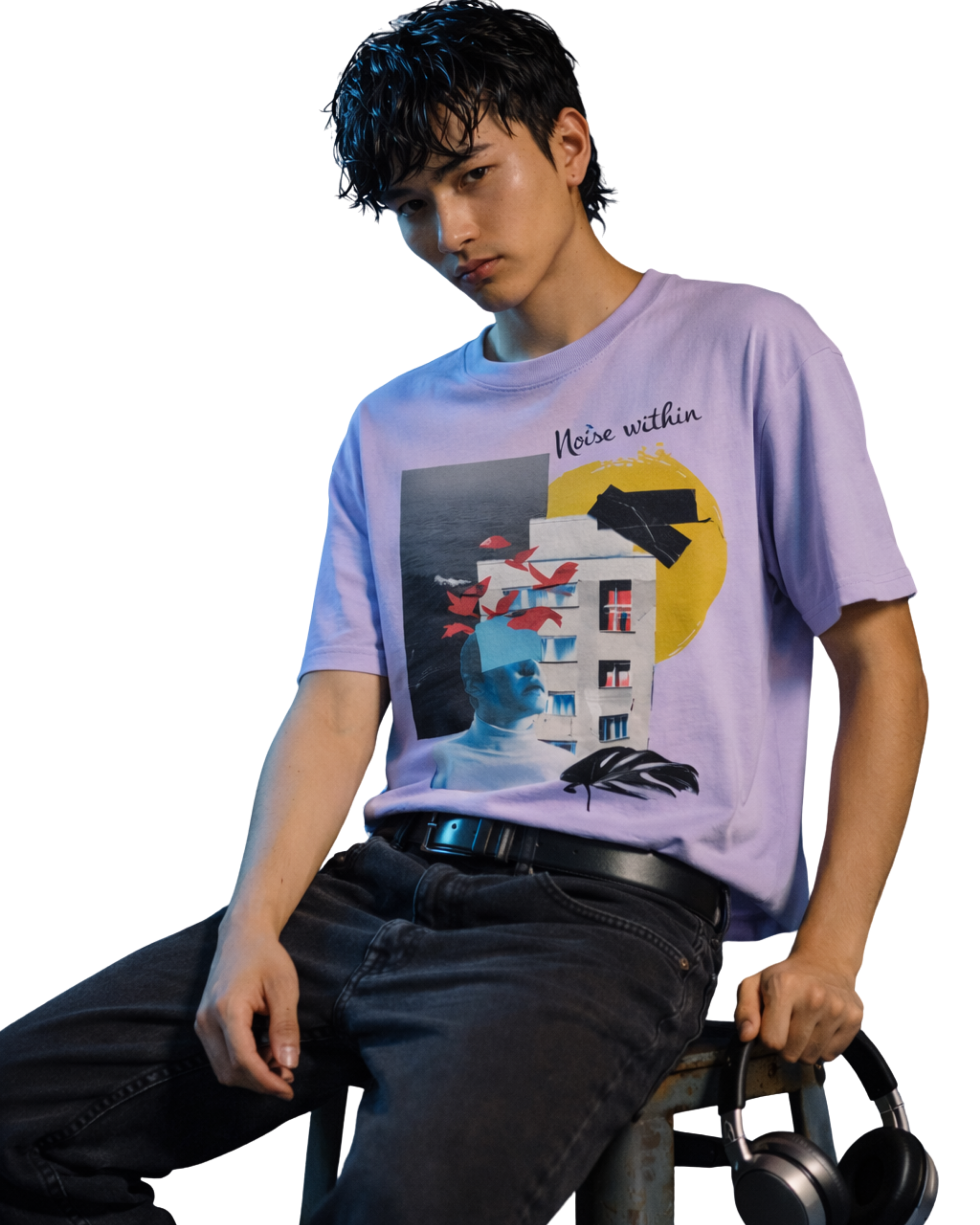 Person wearing a purple t-shirt with a graphic design, sitting on a stool.