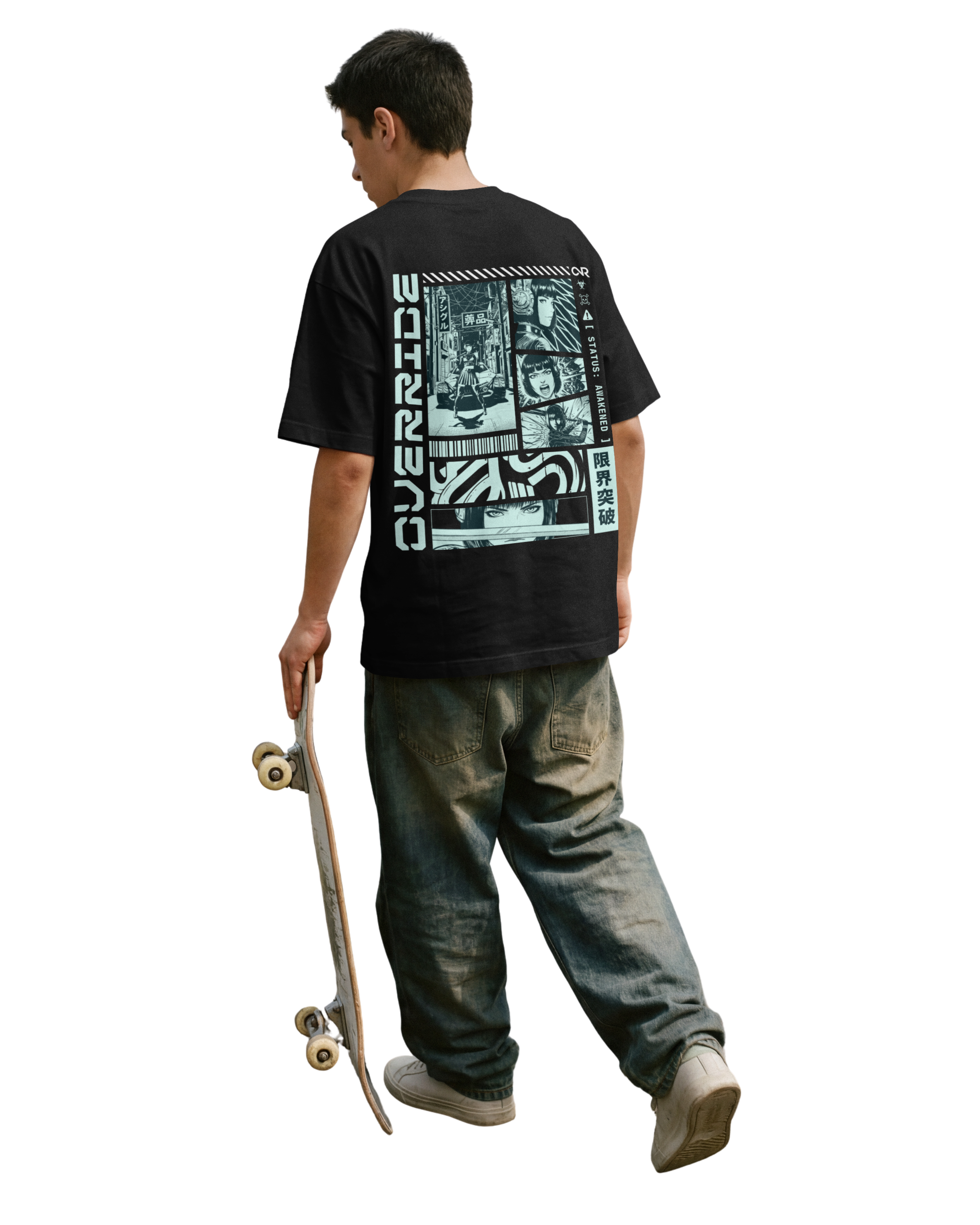 Person wearing a black t-shirt with graphic design and text, holding a skateboard on a white background