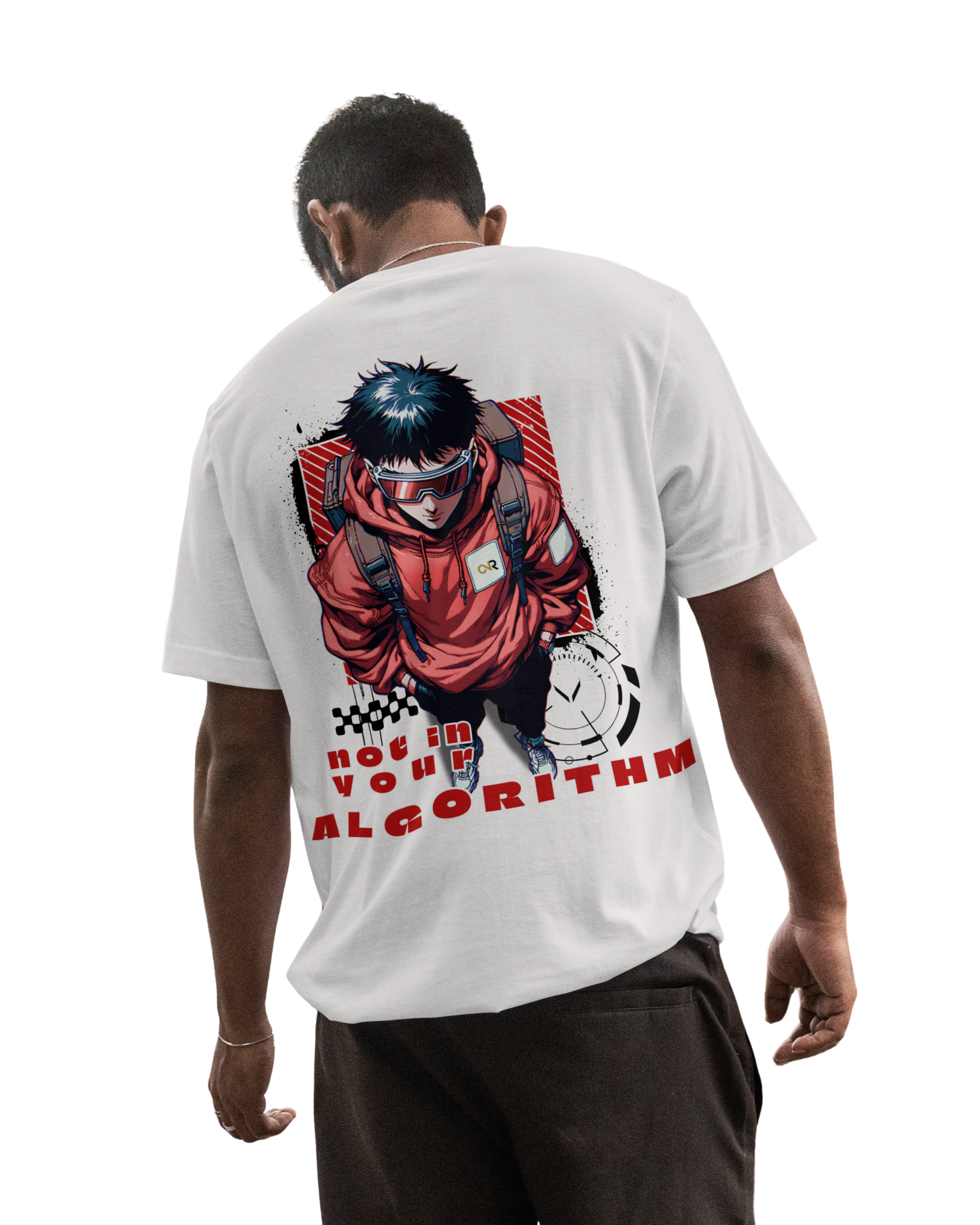 Person wearing a white t-shirt with a graphic design on the back, featuring text and a character.