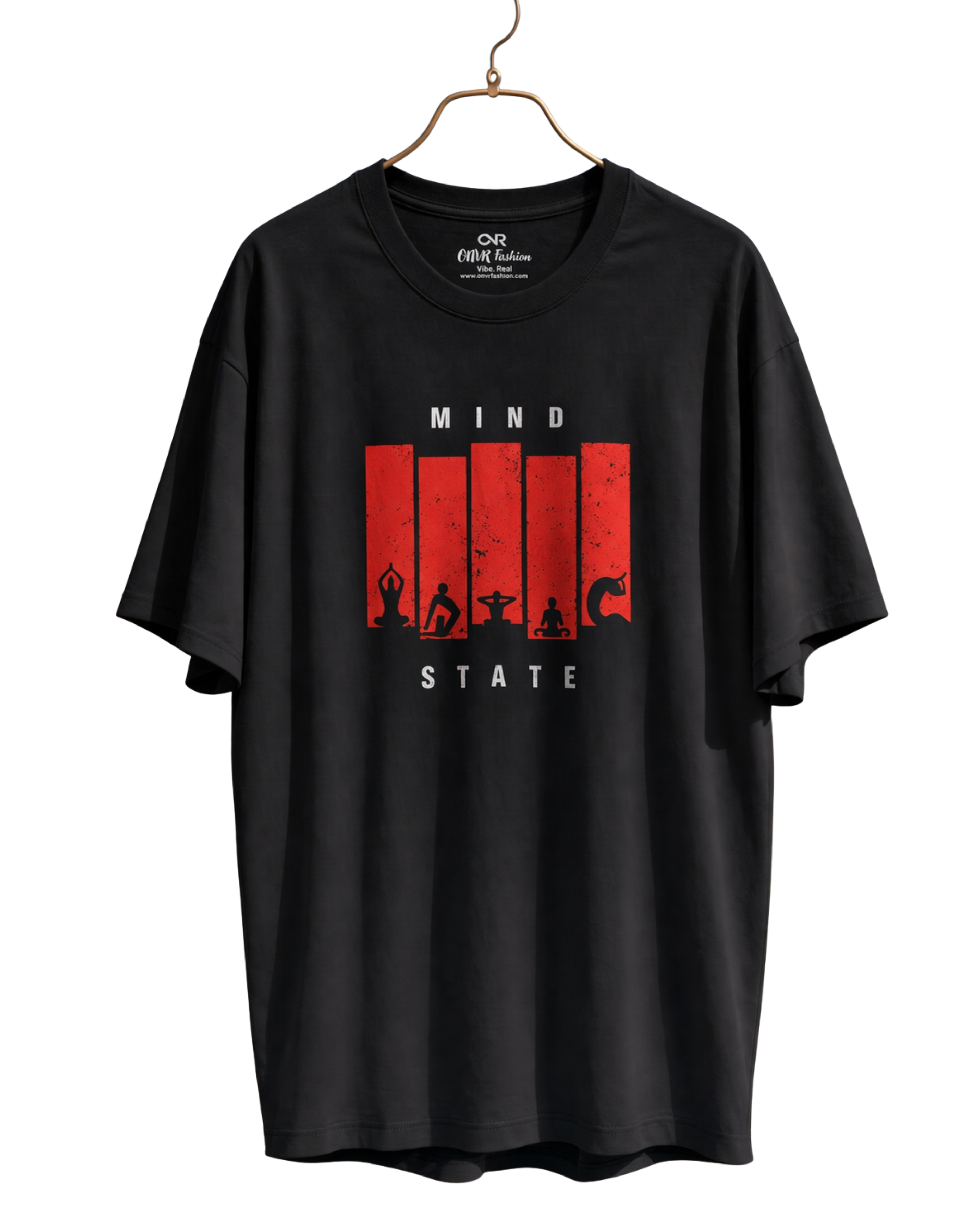 Black t-shirt with red and white graphic design on a hanger