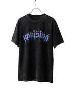 Black t-shirt with 'uprising' text in purple and green on a white background