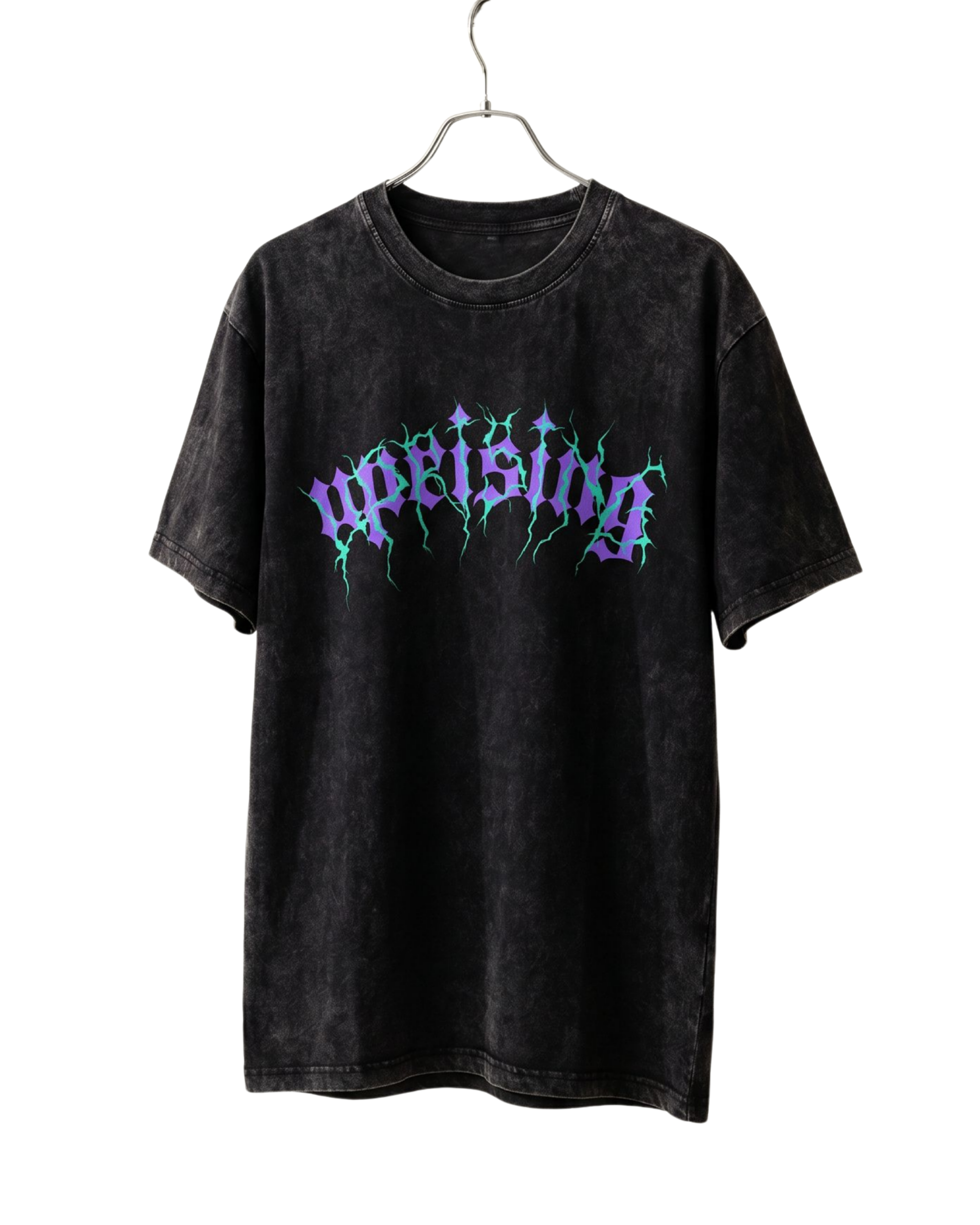 Black t-shirt with 'uprising' text in purple and green on a white background