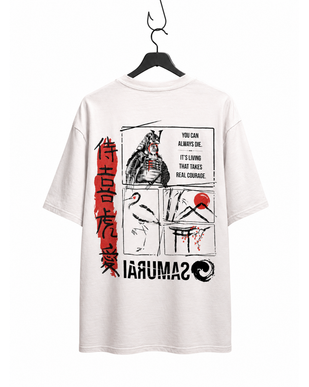 White t-shirt with black and red graphic design on a hanger against a white background