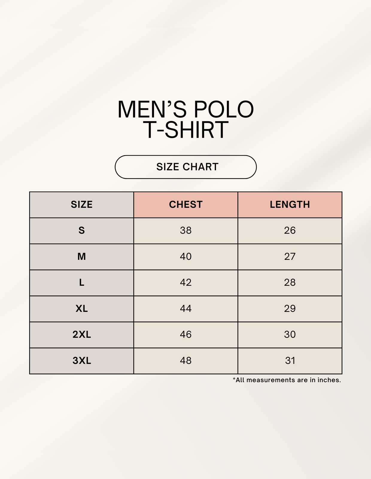 Size chart for Creed Polo