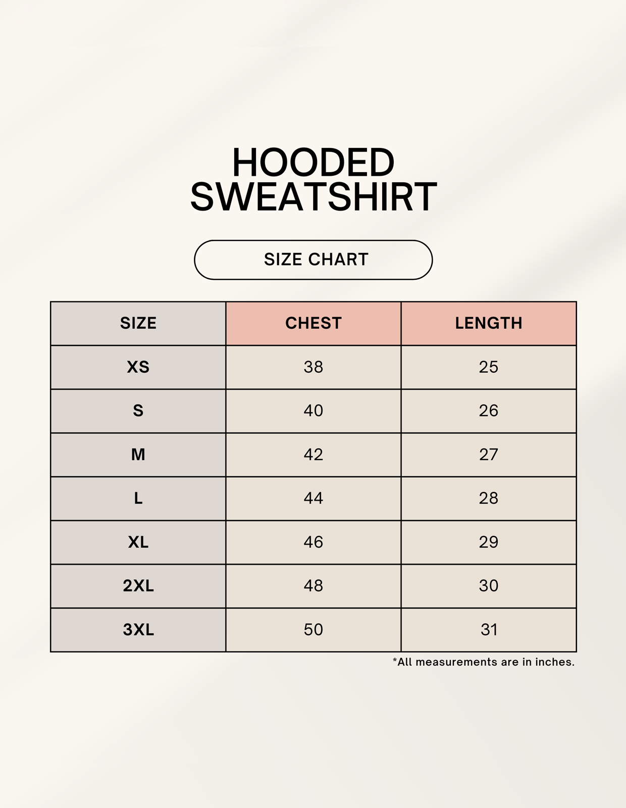 Size chart for Hustle Loop Hoodie
