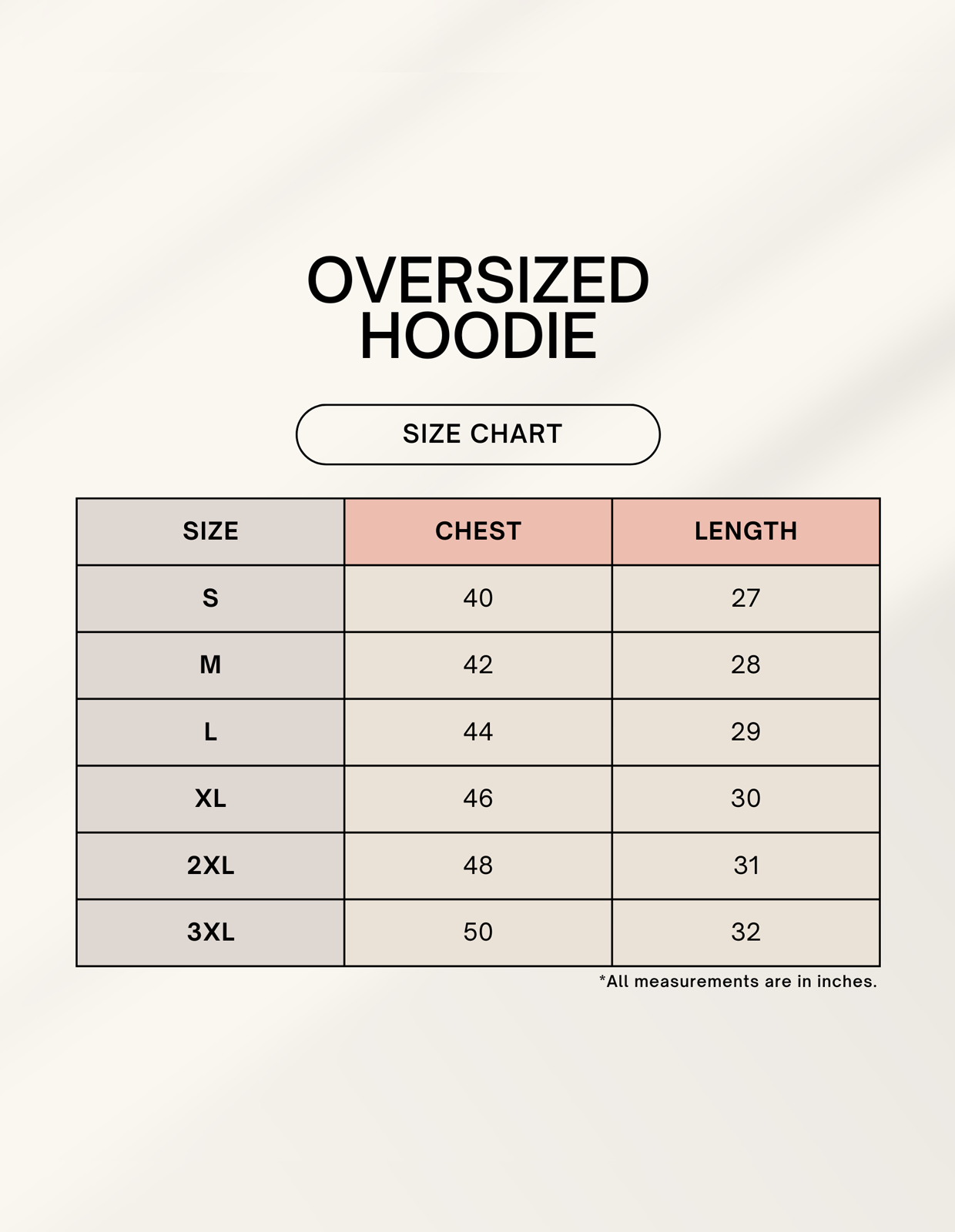 Size chart for BLESSED : QUIET GRACE