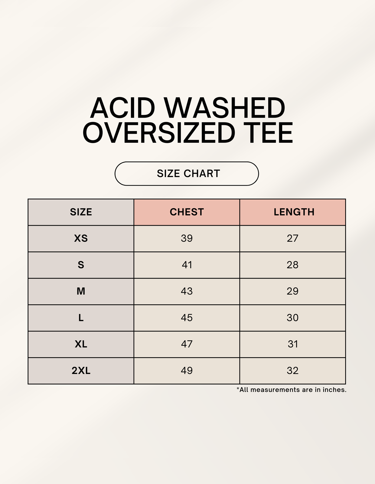 Size chart for Uprising Acid Wash Graphic Oversized Tee