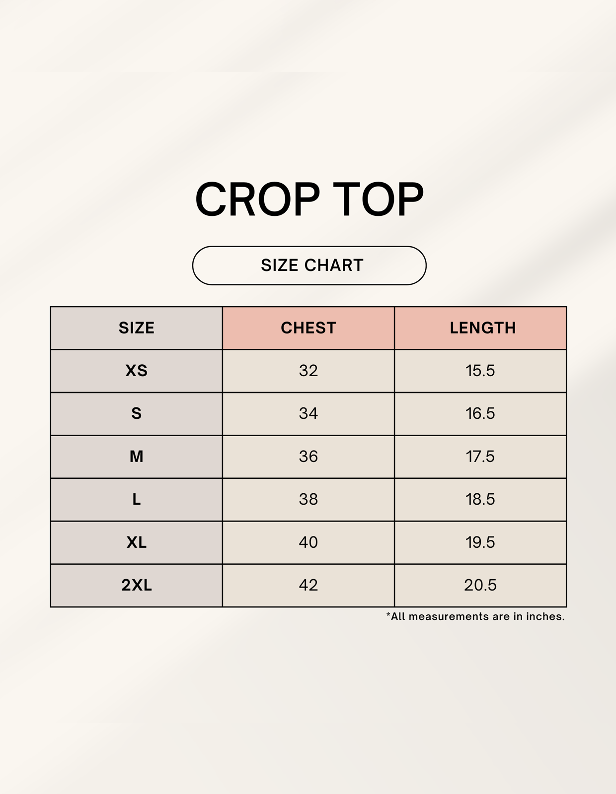 Size chart for Retro Escape Soft Cotton Crop Top