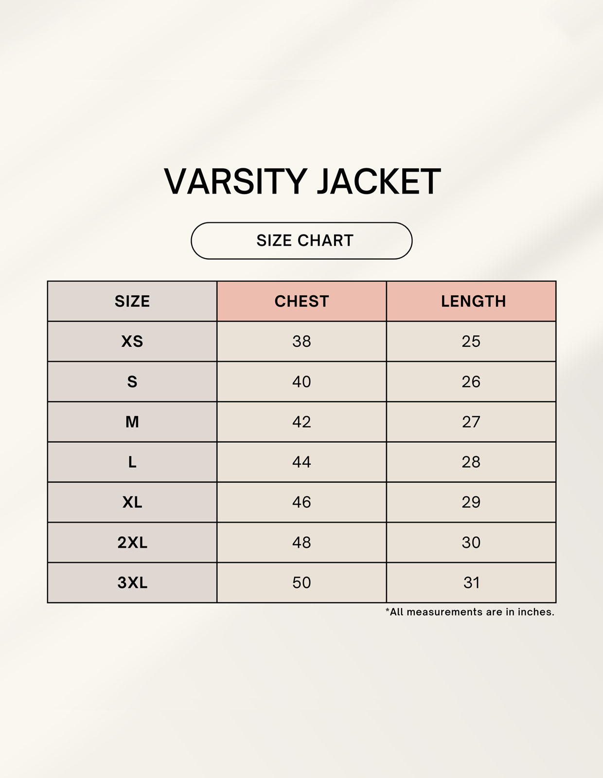 Size chart for QUIET FURY | Silent. Untamed. Real.