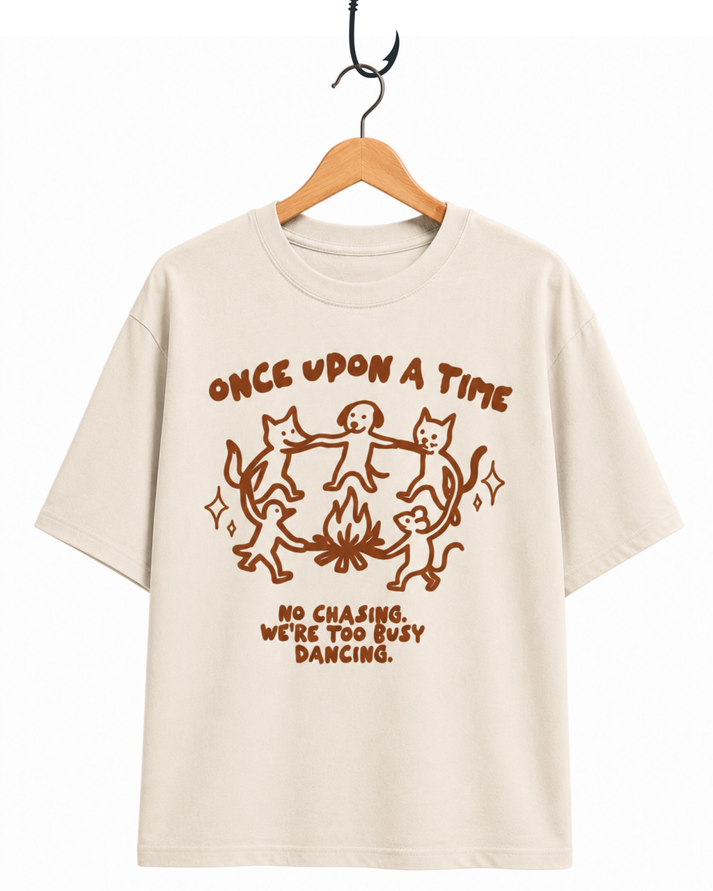 Beige t-shirt with brown graphic and text on a white background