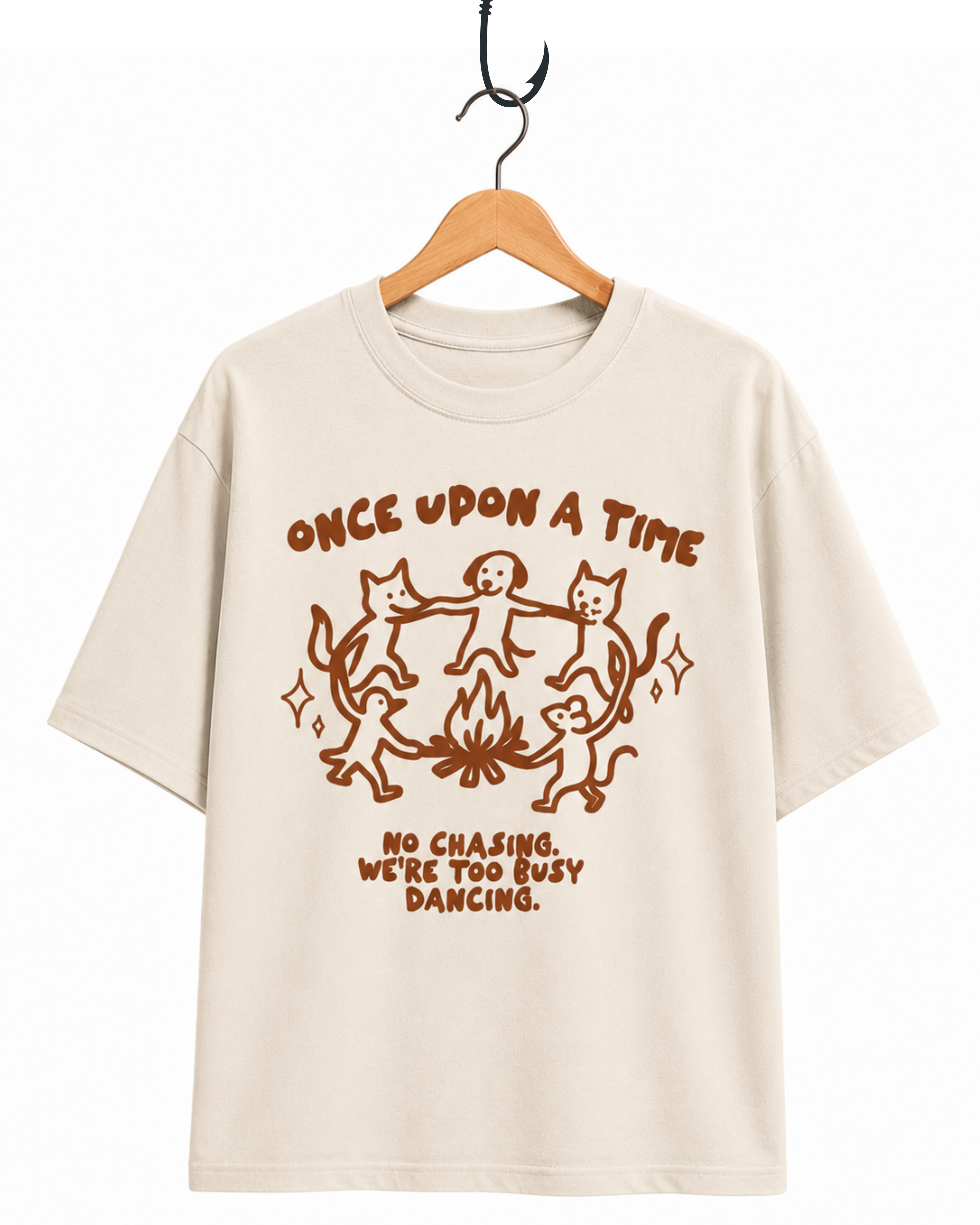 Beige t-shirt with brown graphic and text on a white background