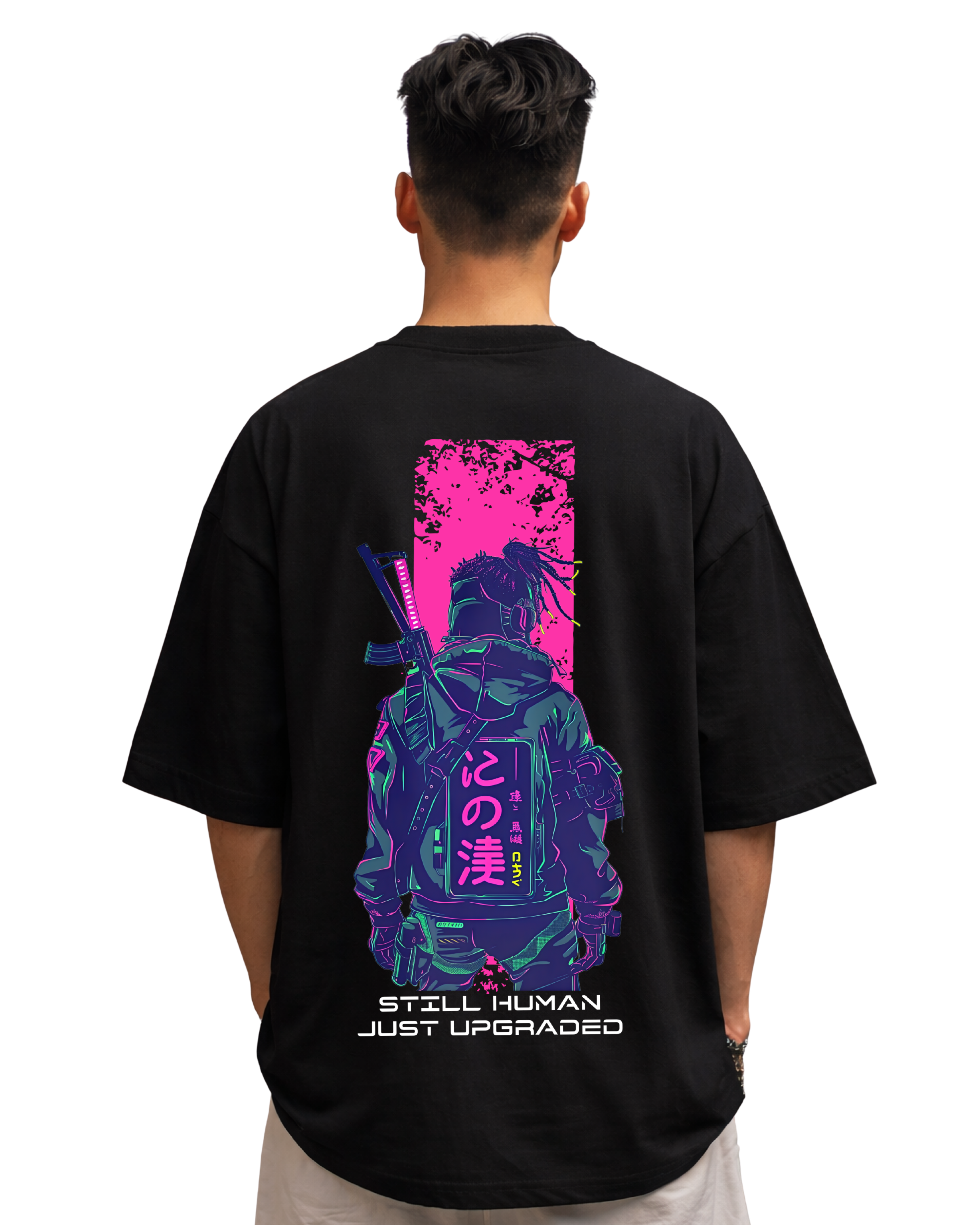Person wearing a black t-shirt with a colorful graphic on the back, set against a white background