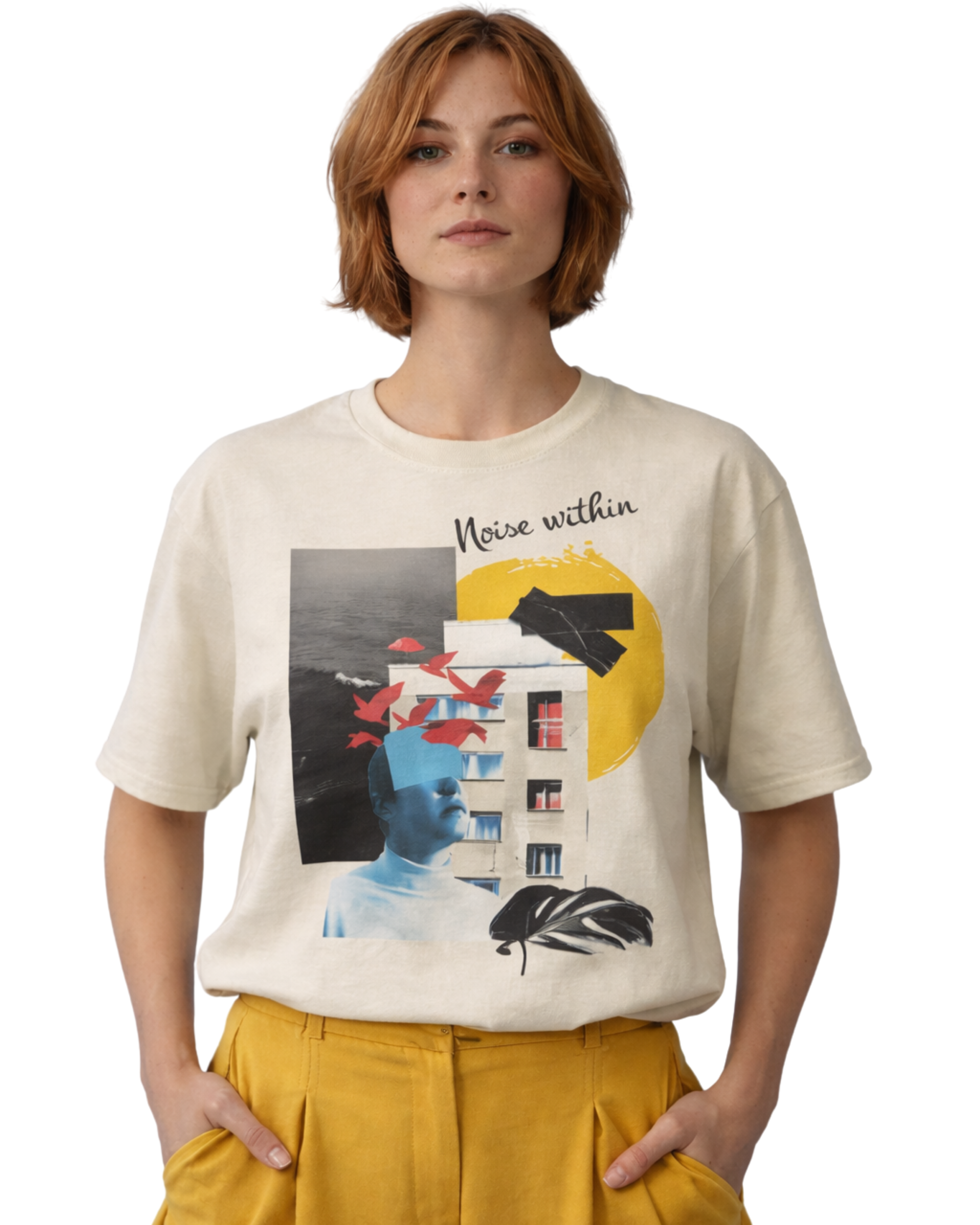 Person wearing a white t-shirt with artistic design and text 'Noise within' on a white background