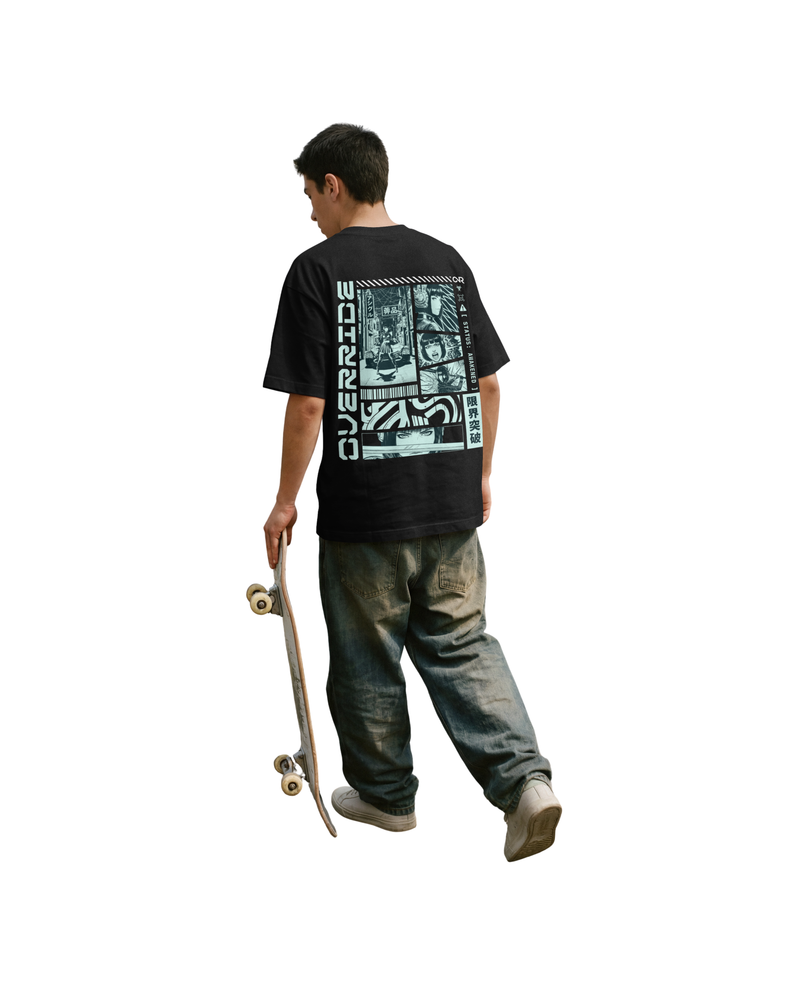 Model wearing a ONVR black t-shirt with graphic design, holding a skateboard on a white background