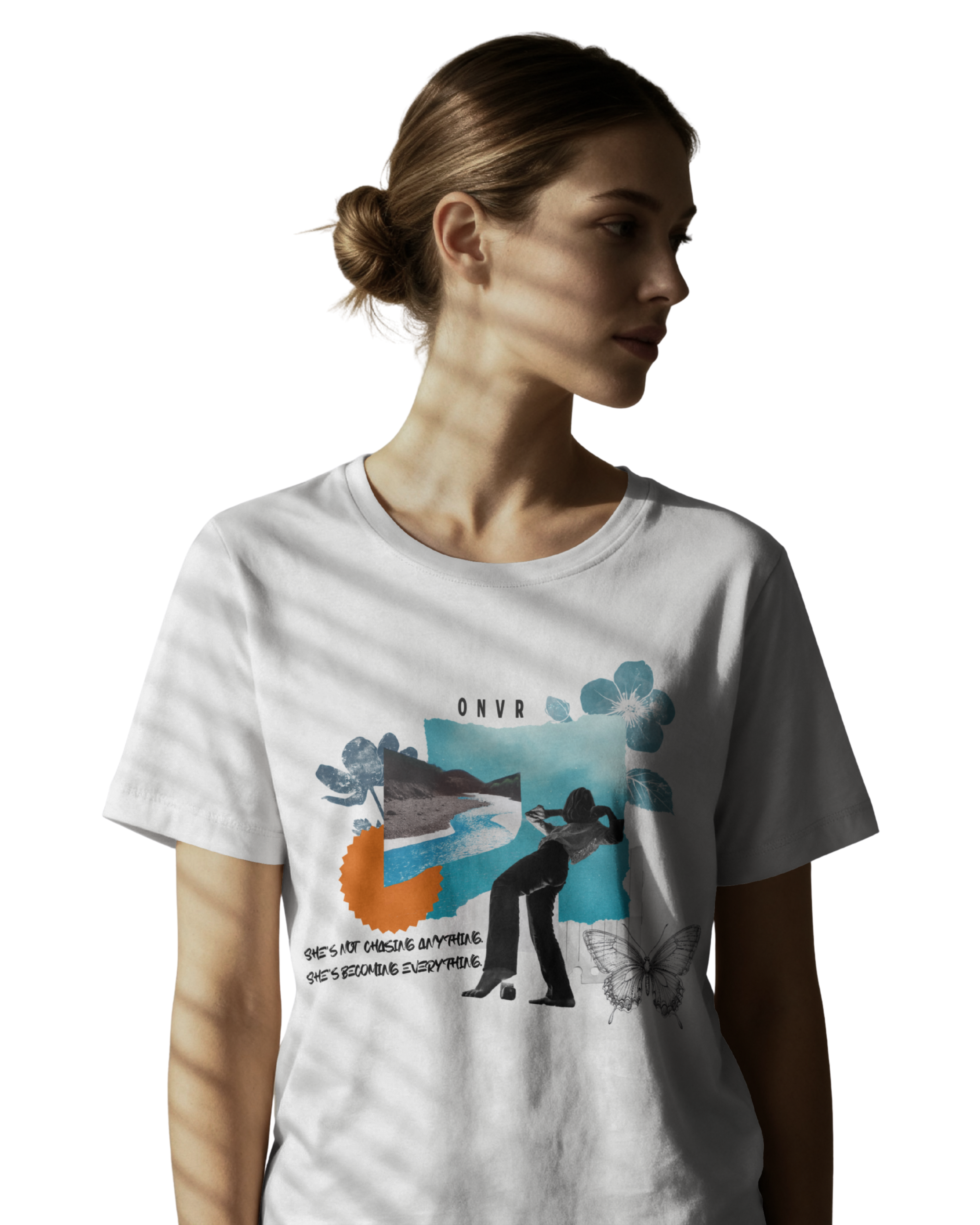 Woman wearing a white t-shirt with a graphic design on a white background
