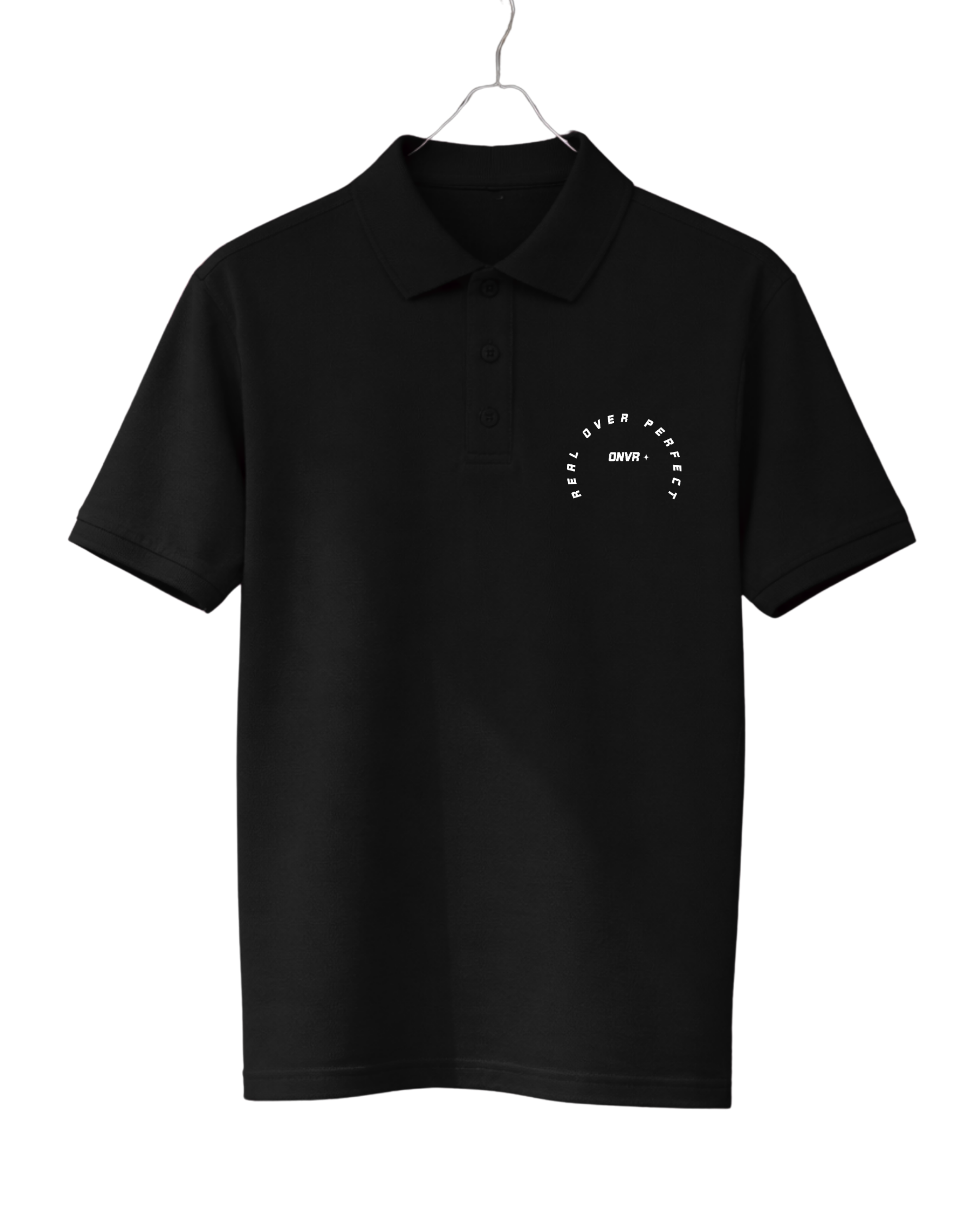 Black polo shirt with white text on a white background