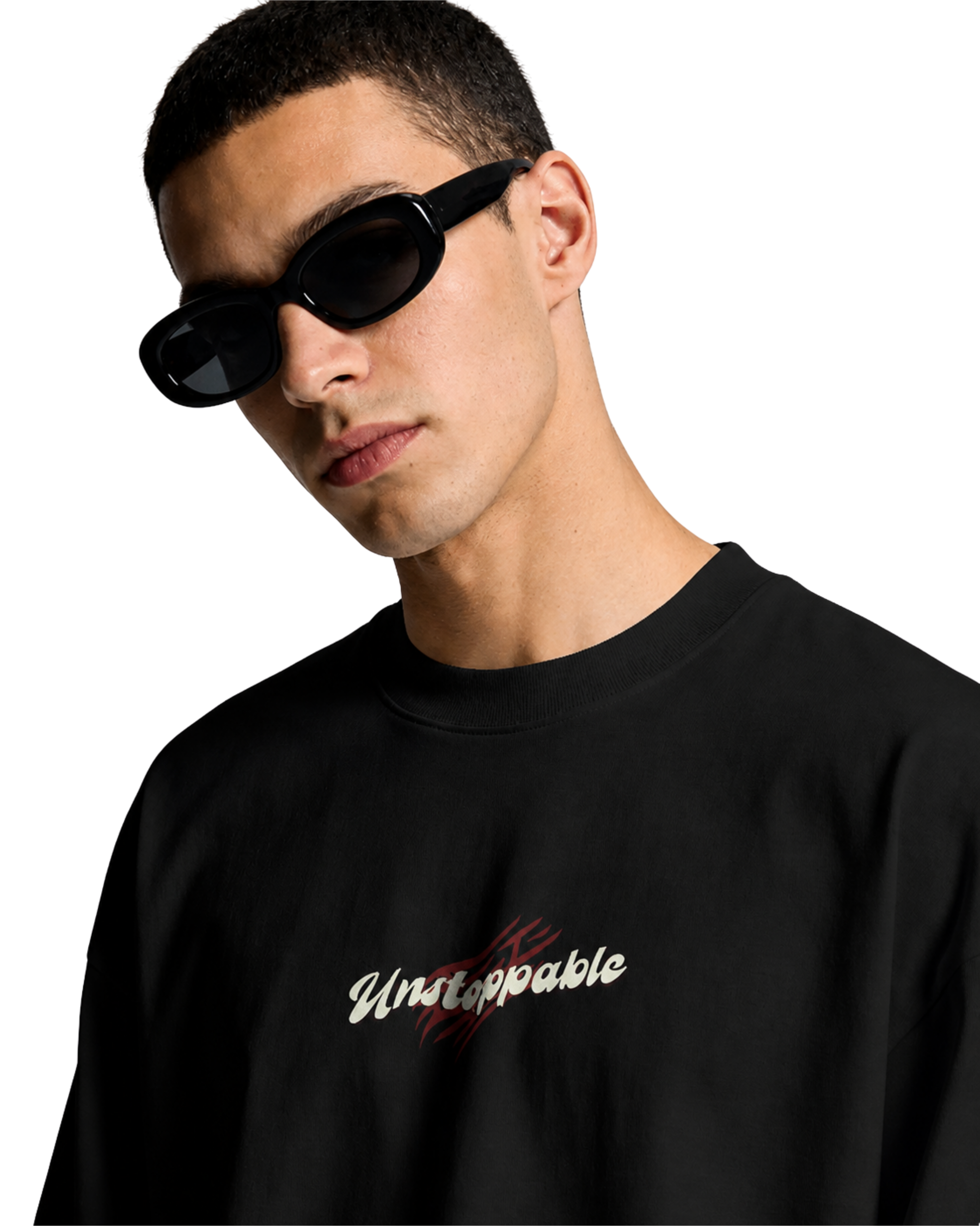 Man wearing a black sweatshirt with 'Unstoppable' text, wearing sunglasses on a white background