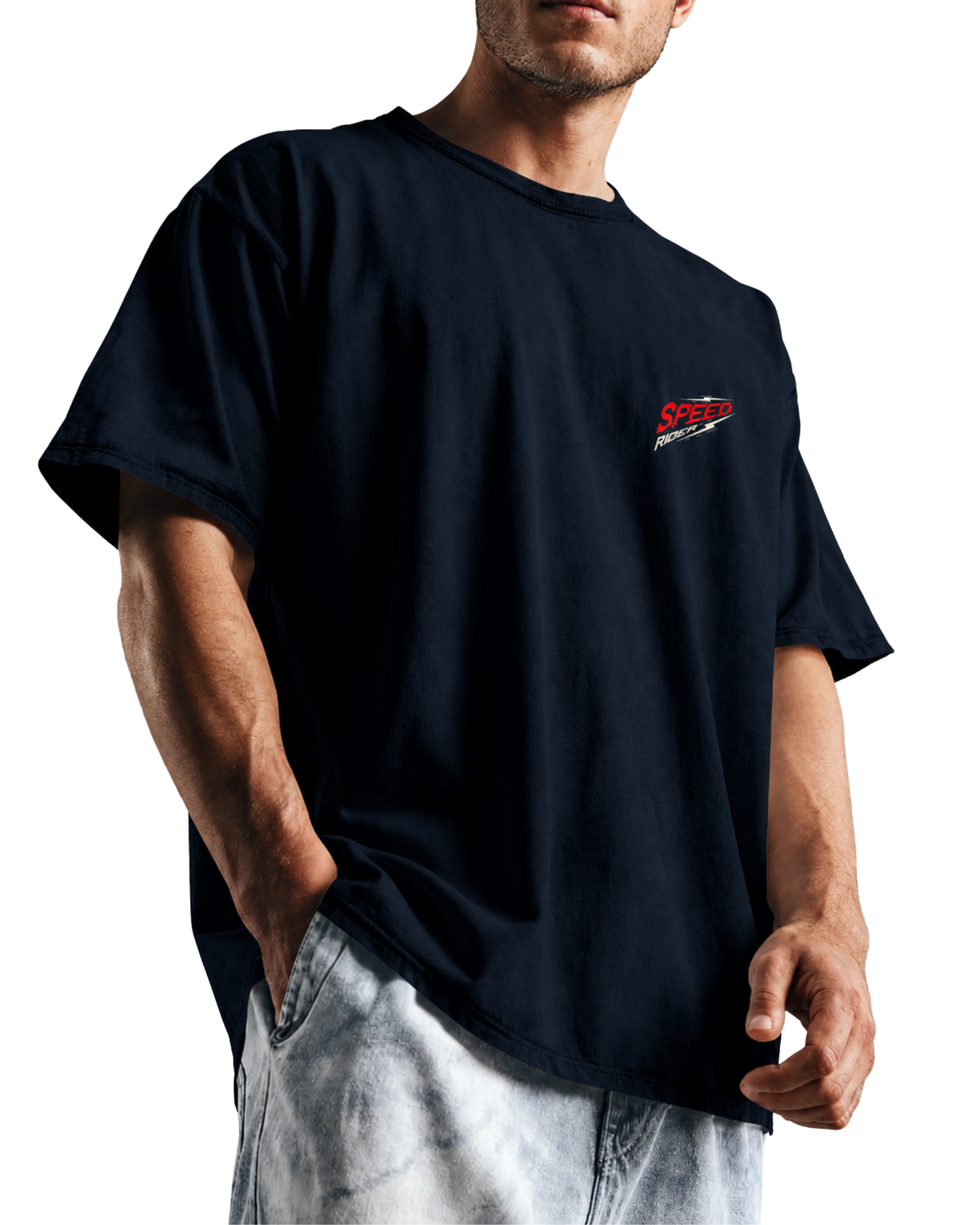 Person wearing a black t-shirt with a logo on a white background