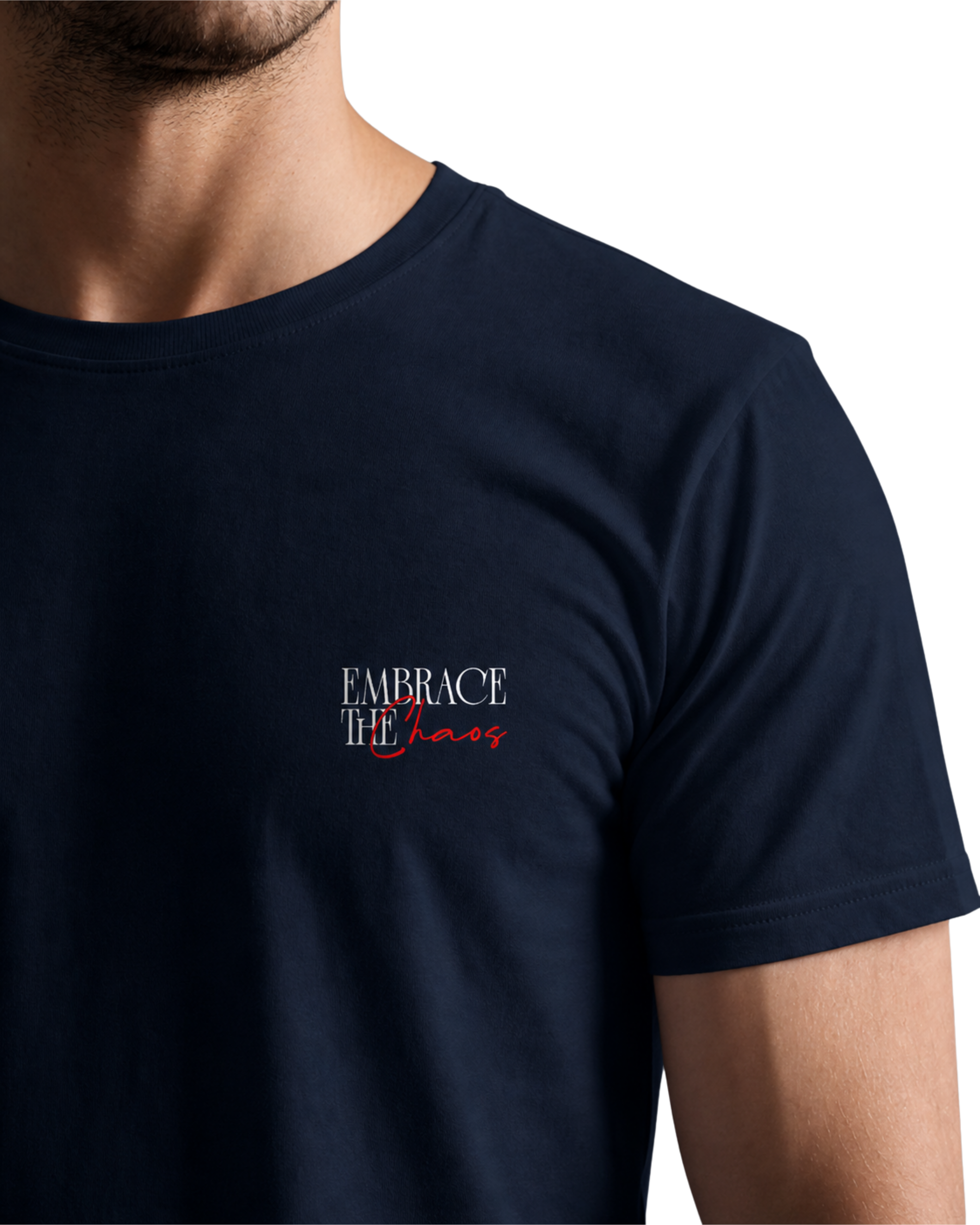 Navy blue t-shirt with 'EMBRACE THE CHAOS' text on a white background