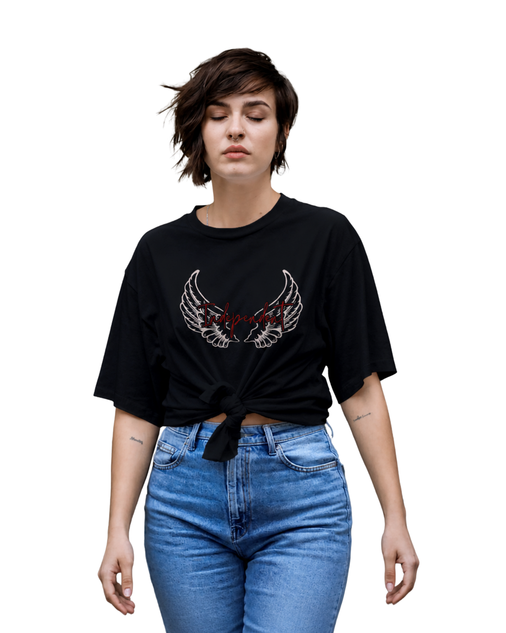 Person wearing a black t-shirt with a design and blue jeans on a white background