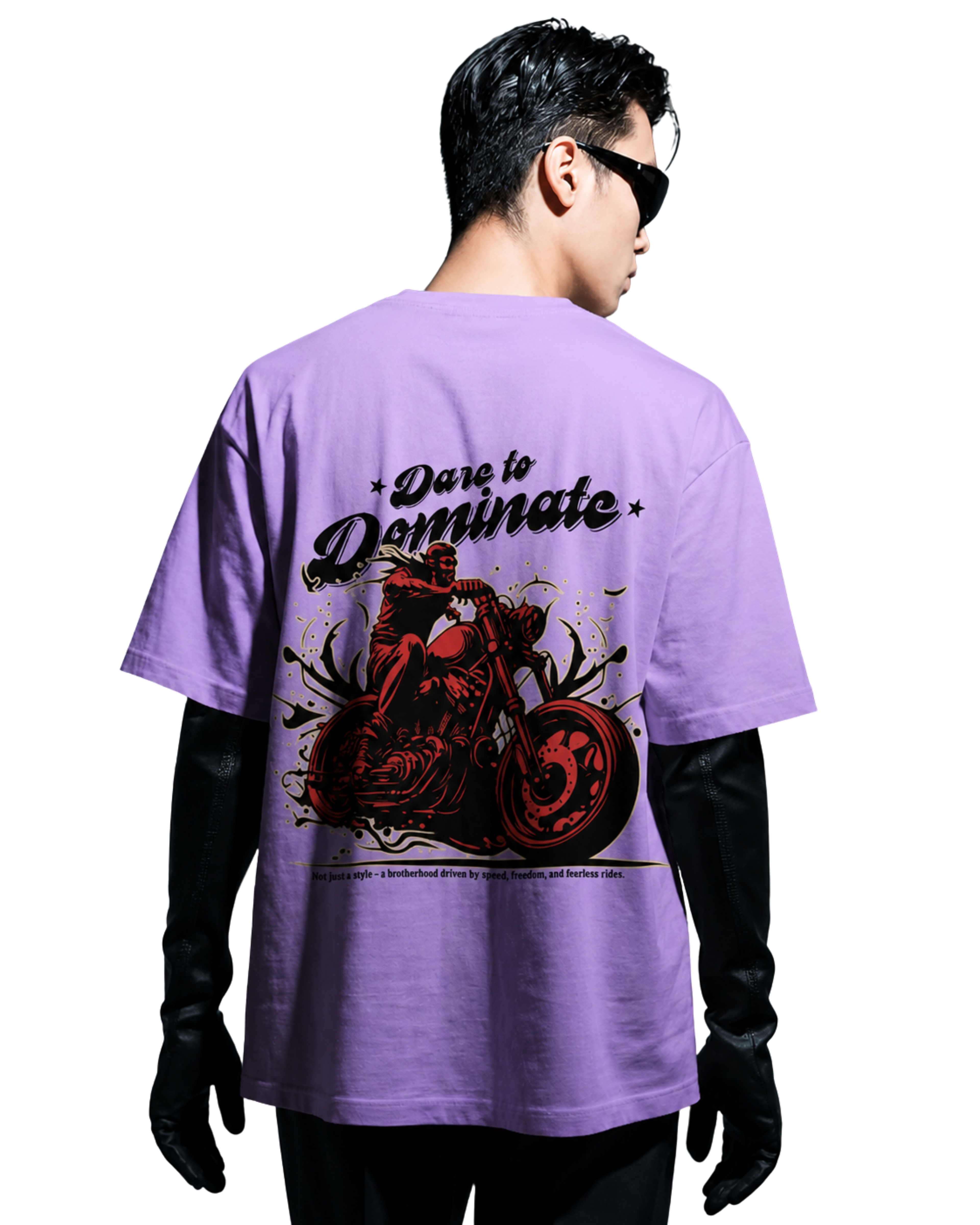 Person wearing a purple t-shirt with a graphic design and text on the back, standing against a white background.