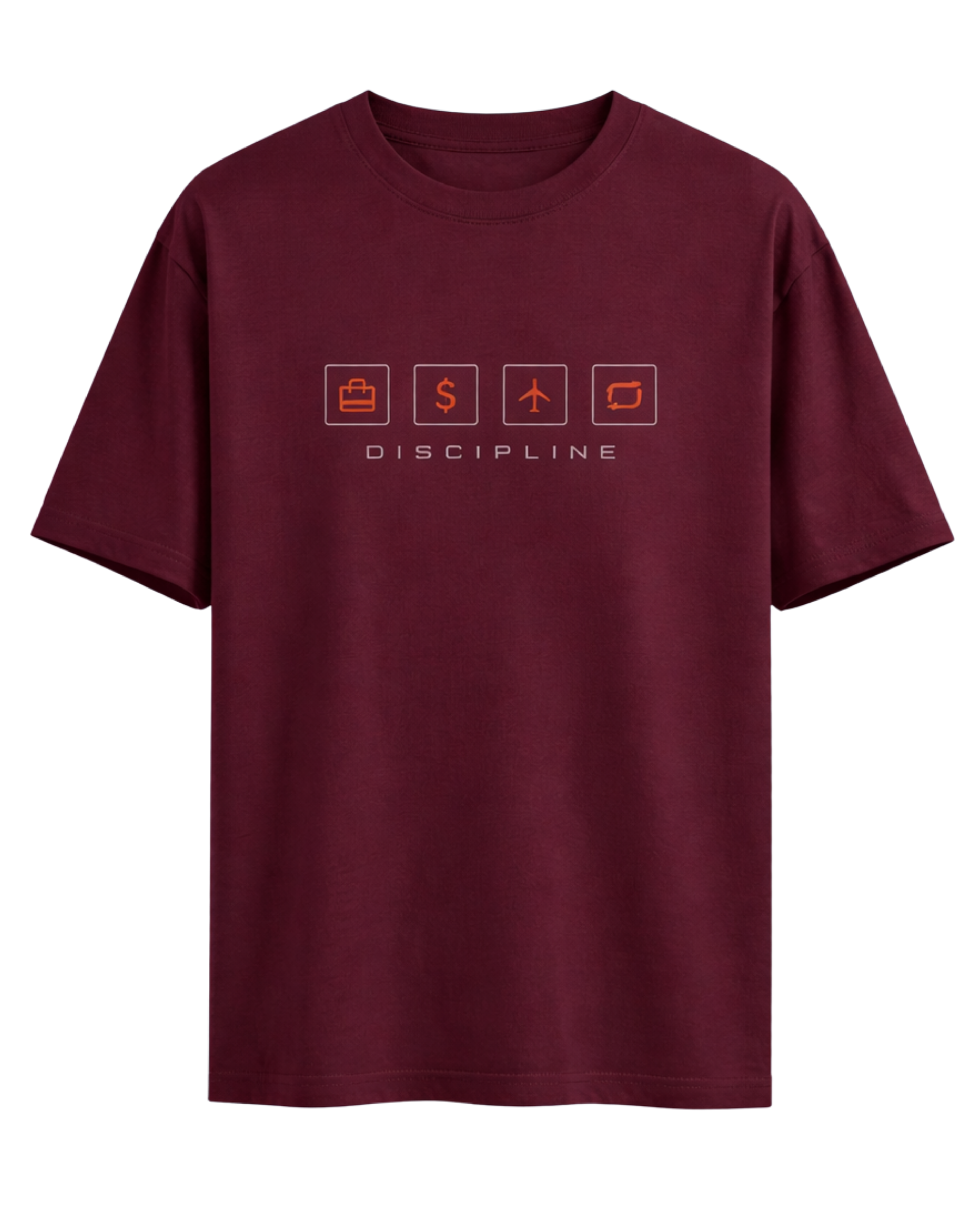 Maroon t-shirt with graphic design and text on a white background