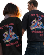 Two people wearing black t-shirts with colorful graphic designs and text on a white background