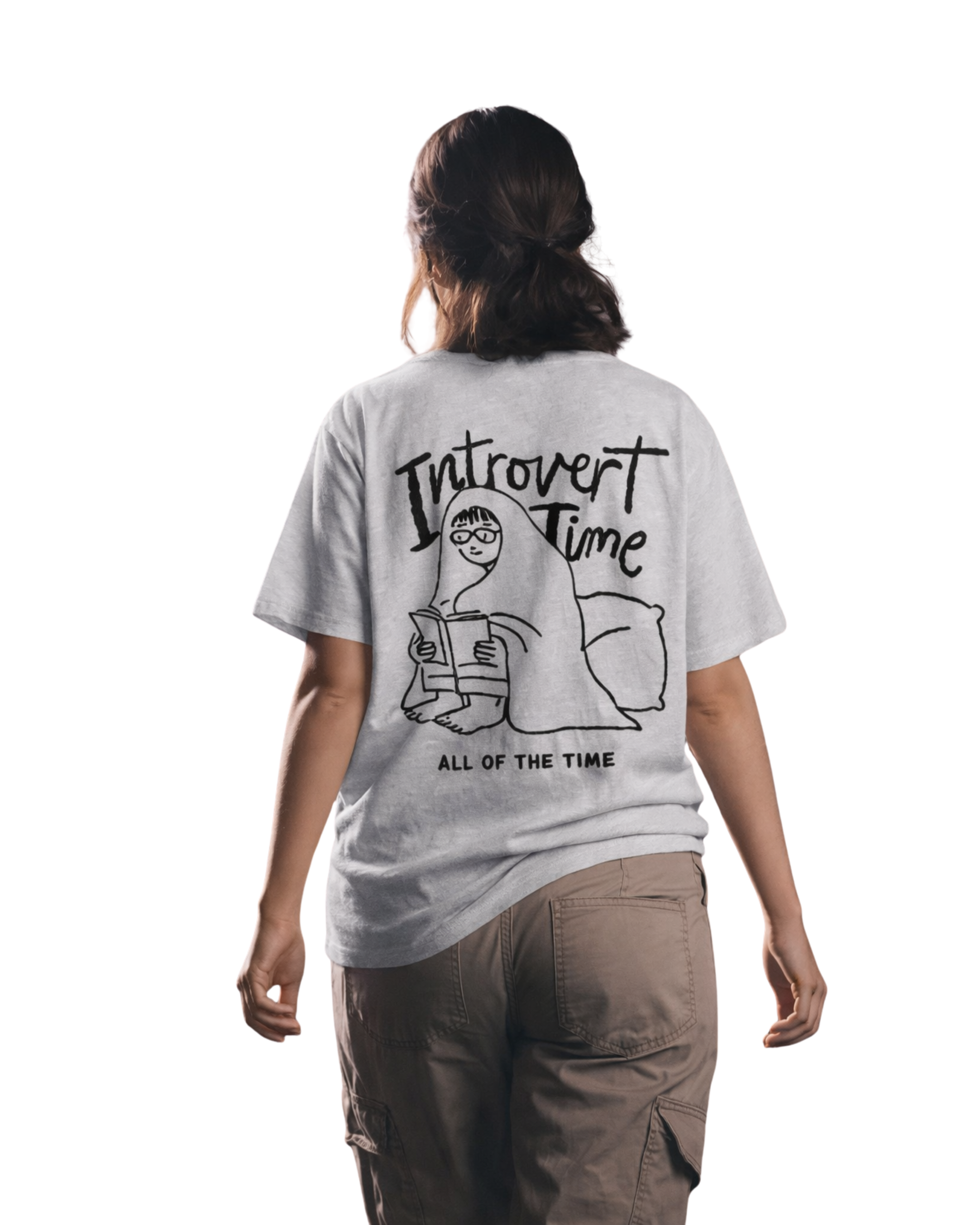 Person wearing a white t-shirt with 'Introvert Time All of the Time' text and graphic on the back.