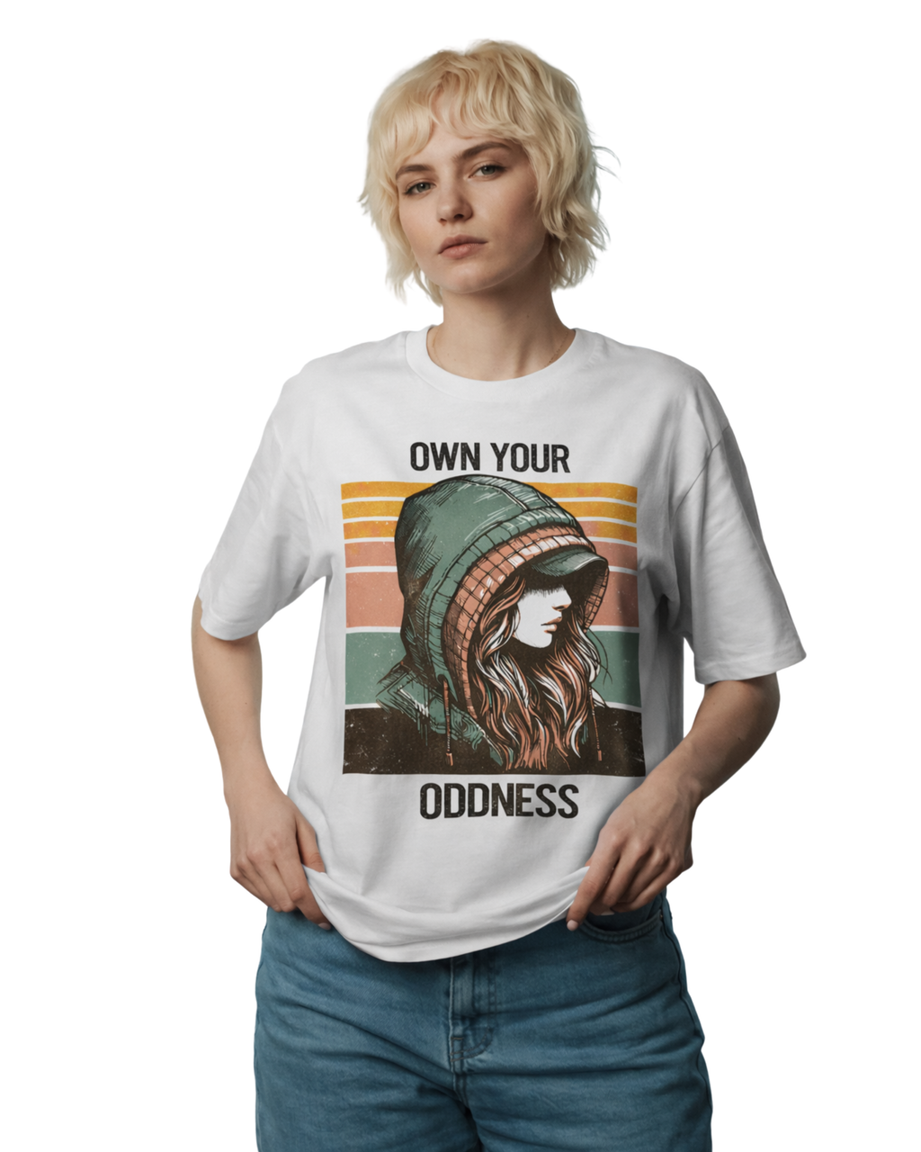 Person wearing a white t-shirt with a graphic design and text 'Own Your Oddness' on a white background