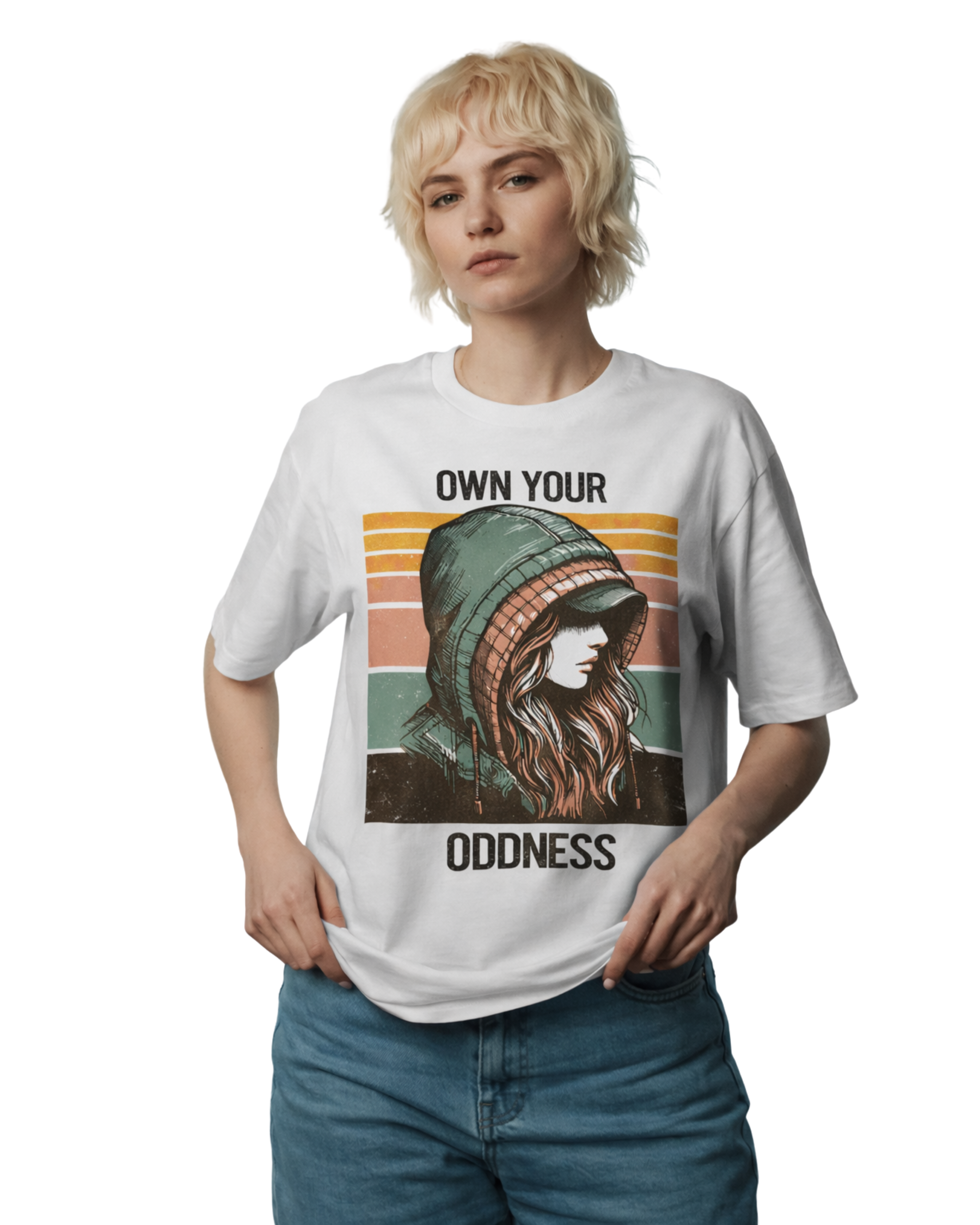 Person wearing a white t-shirt with a graphic design and text 'Own Your Oddness' on a white background