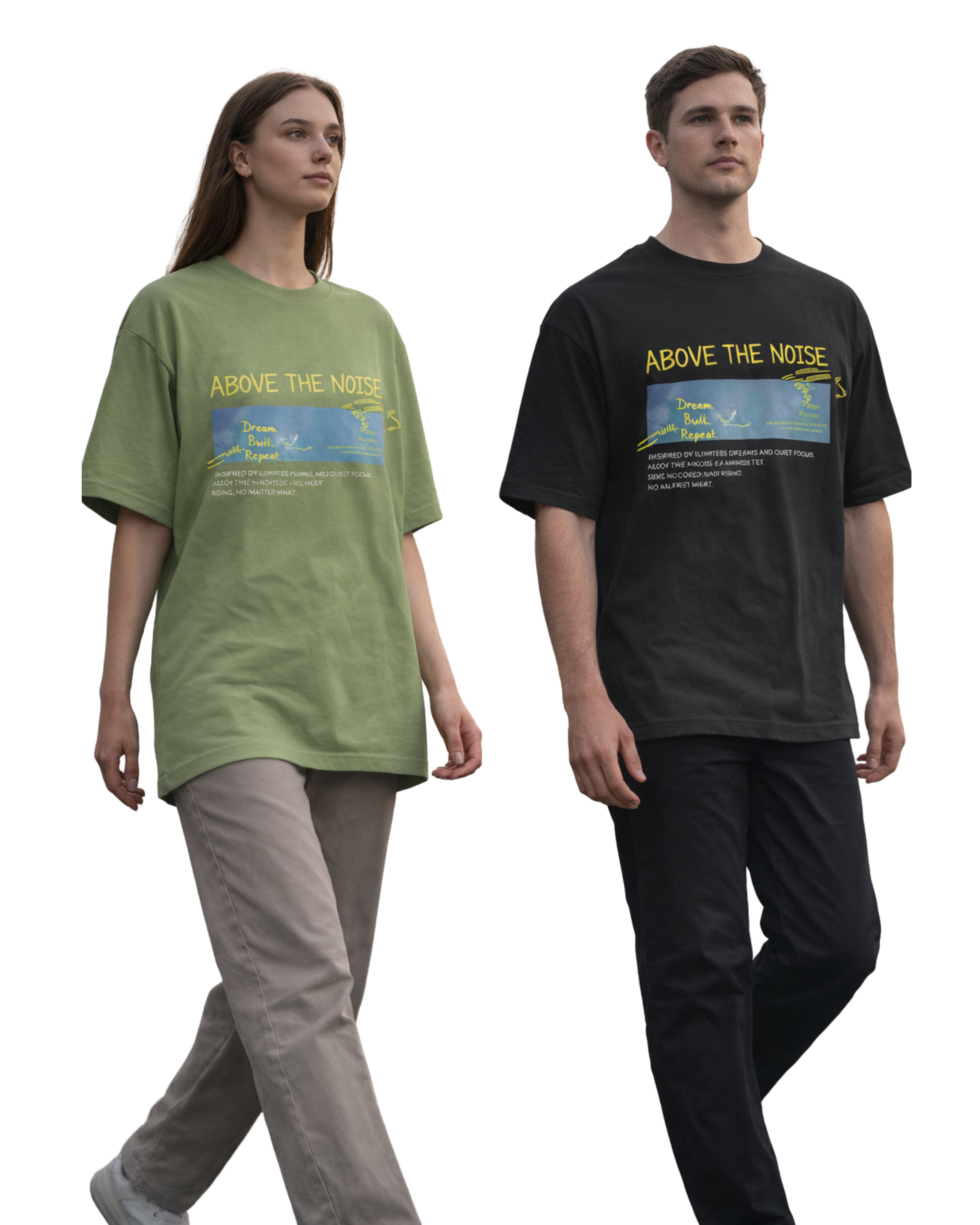 Two people wearing 'Above the Noise' t-shirts on a white background