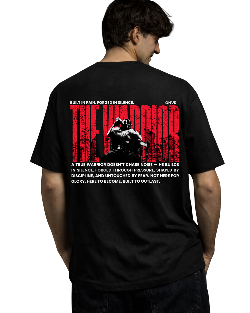 Black t-shirt with red and white graphic and text on the back, worn by a person.