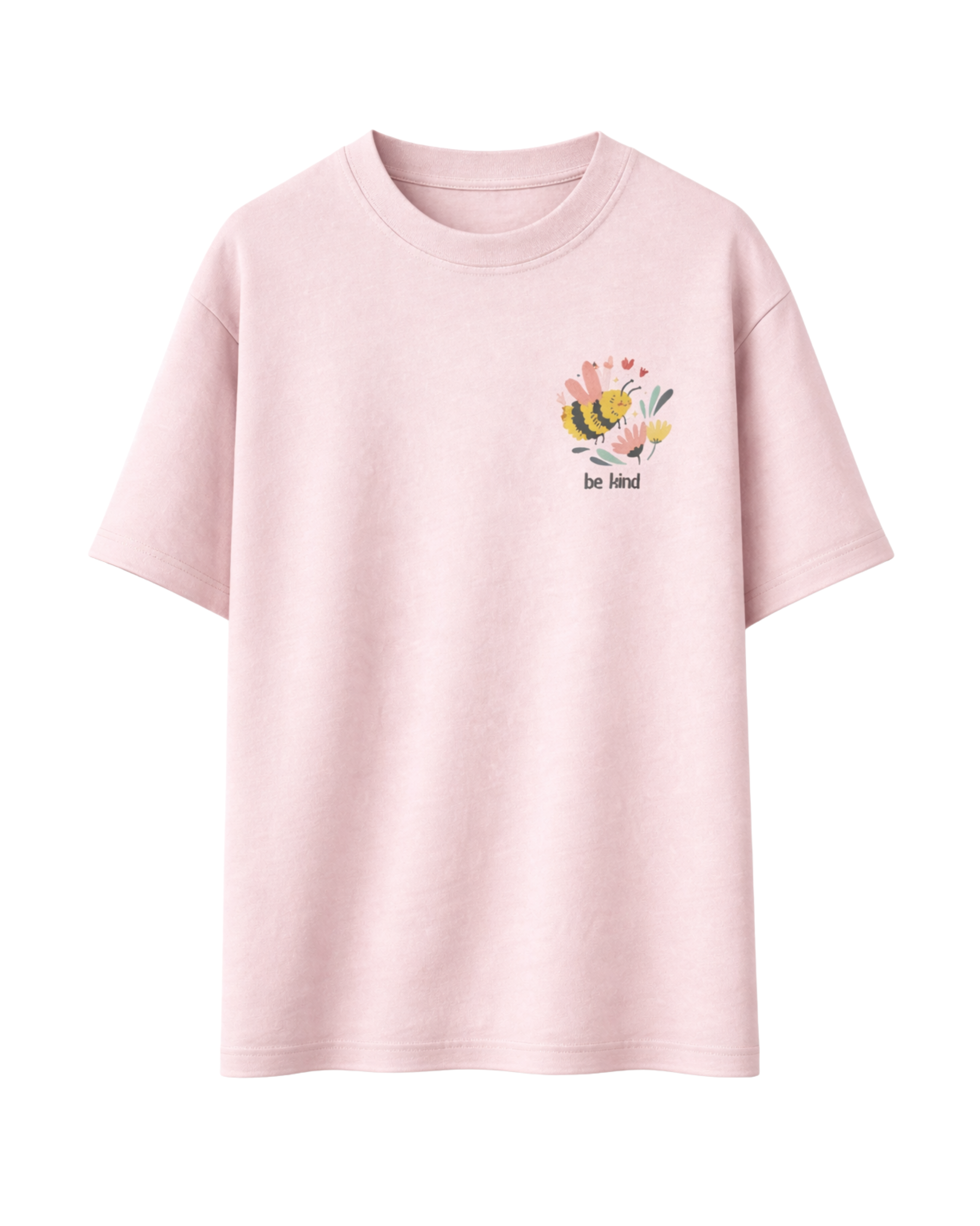 Pink t-shirt with floral design and 'be kind' text on a white background