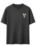 Black t-shirt with a colorful logo on a white background