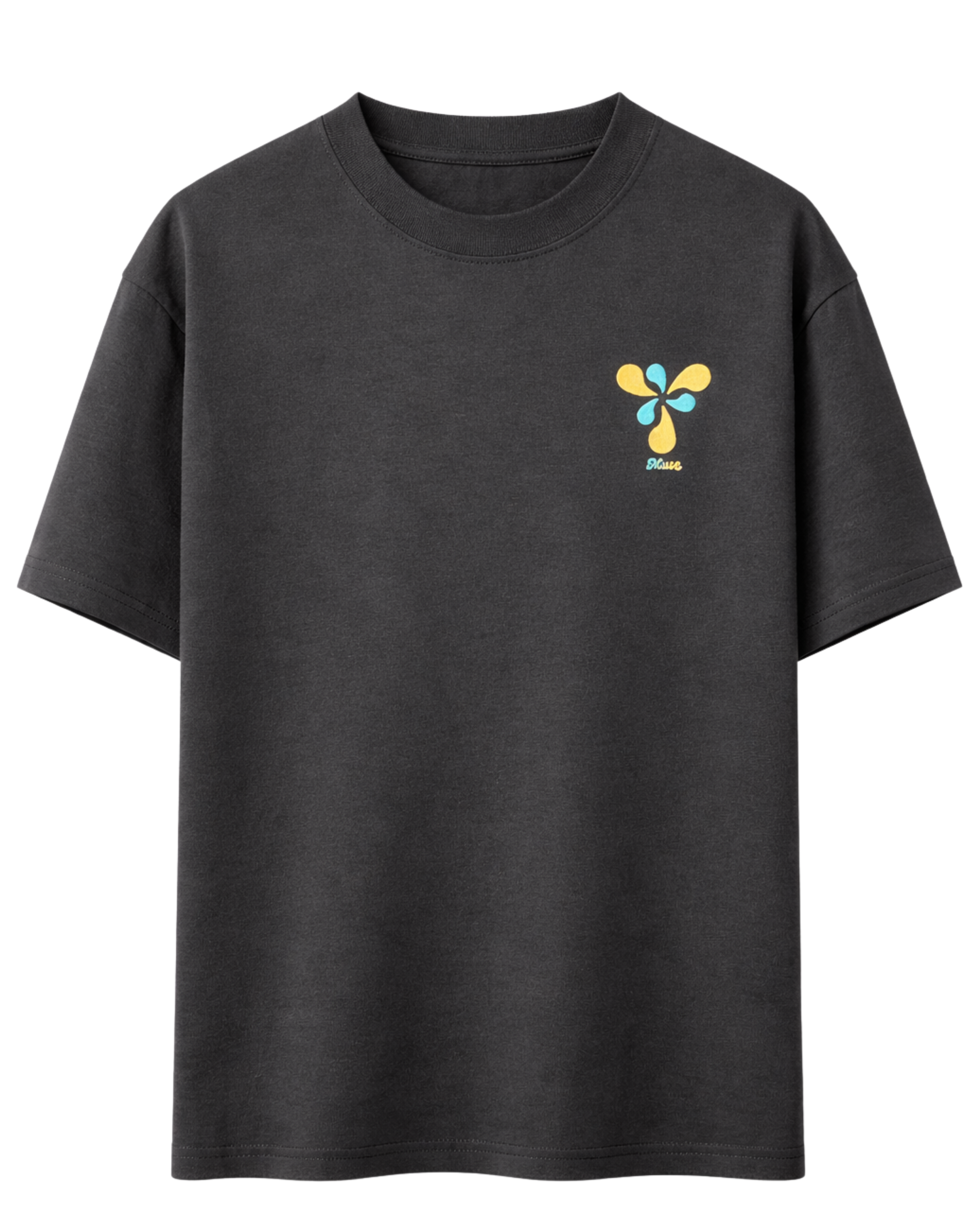Black t-shirt with a colorful logo on a white background