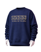 Navy blue sweatshirt with yellow text on a white background
