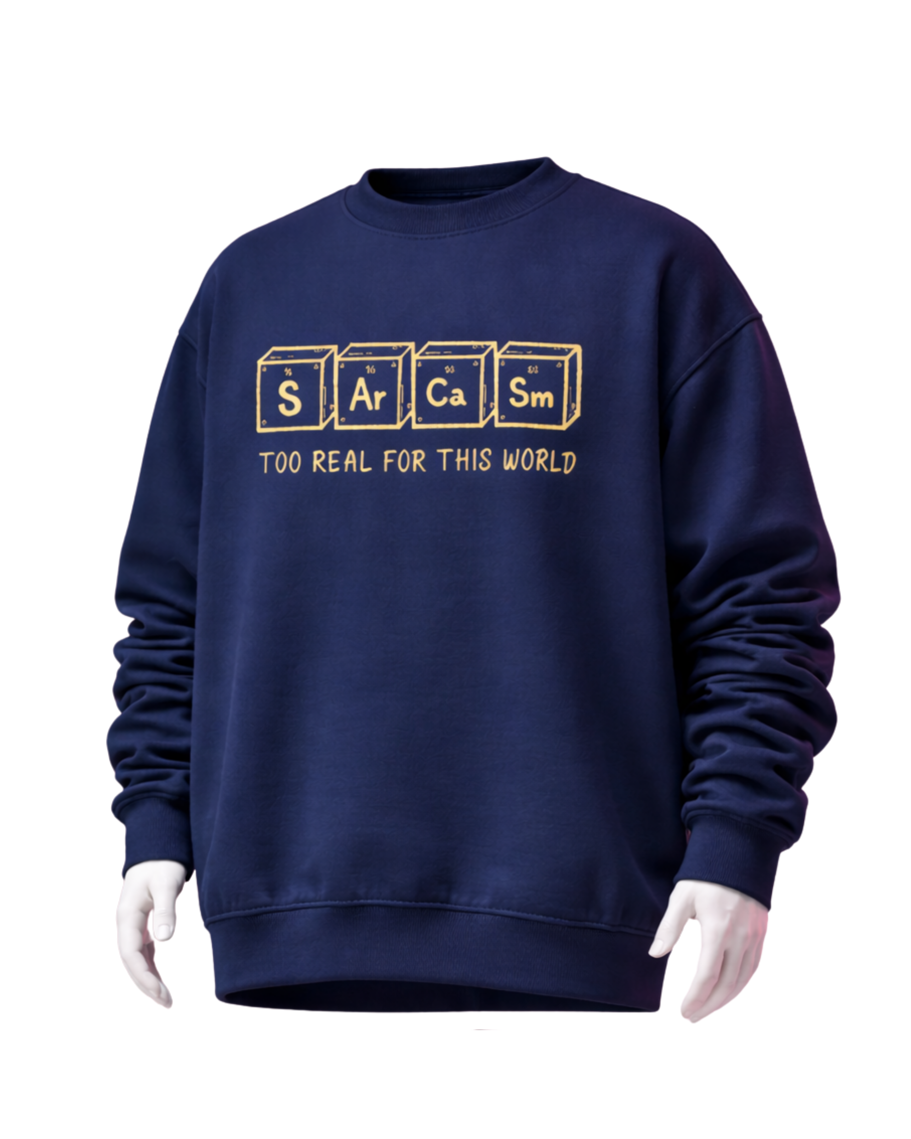 Navy blue sweatshirt with yellow text on a white background