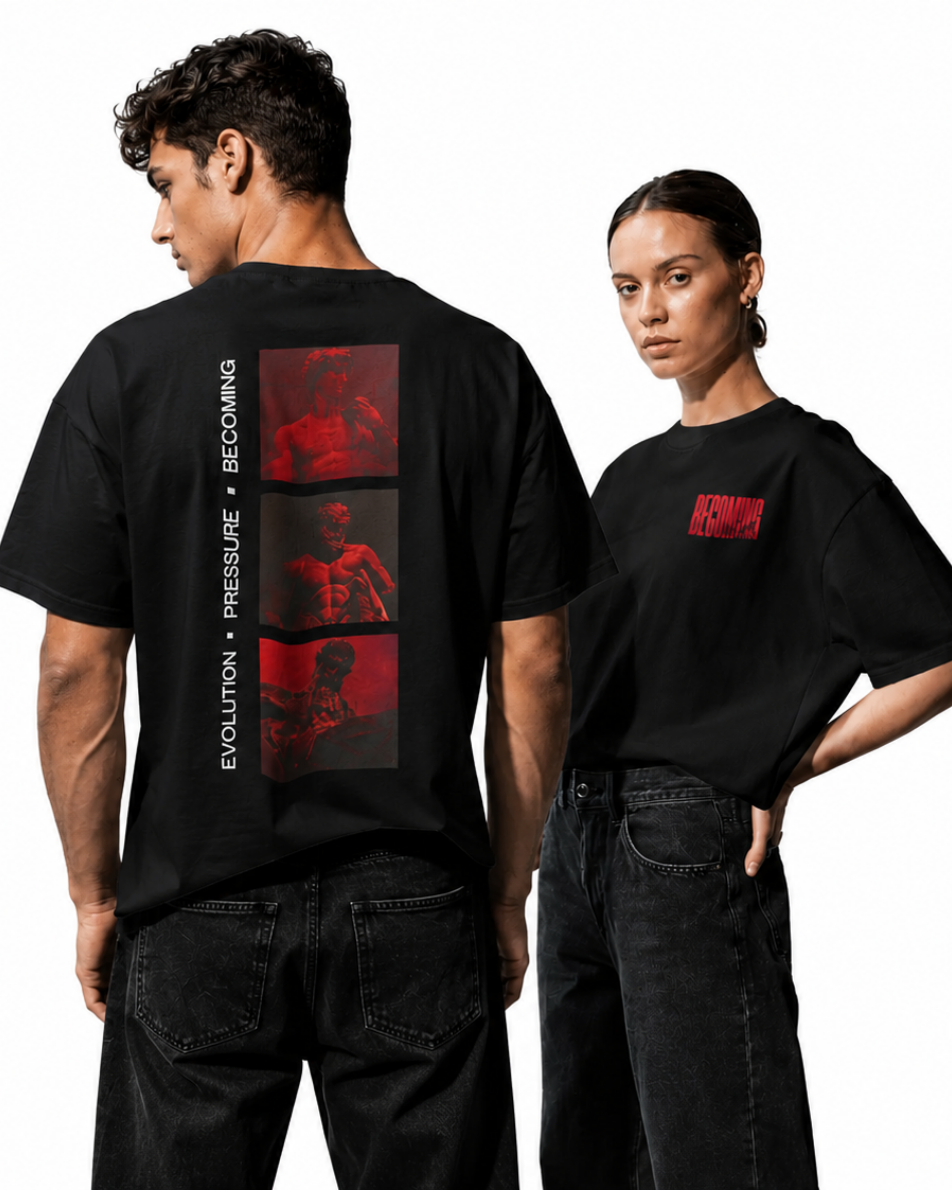 Two people wearing black t-shirts with red graphics and text.