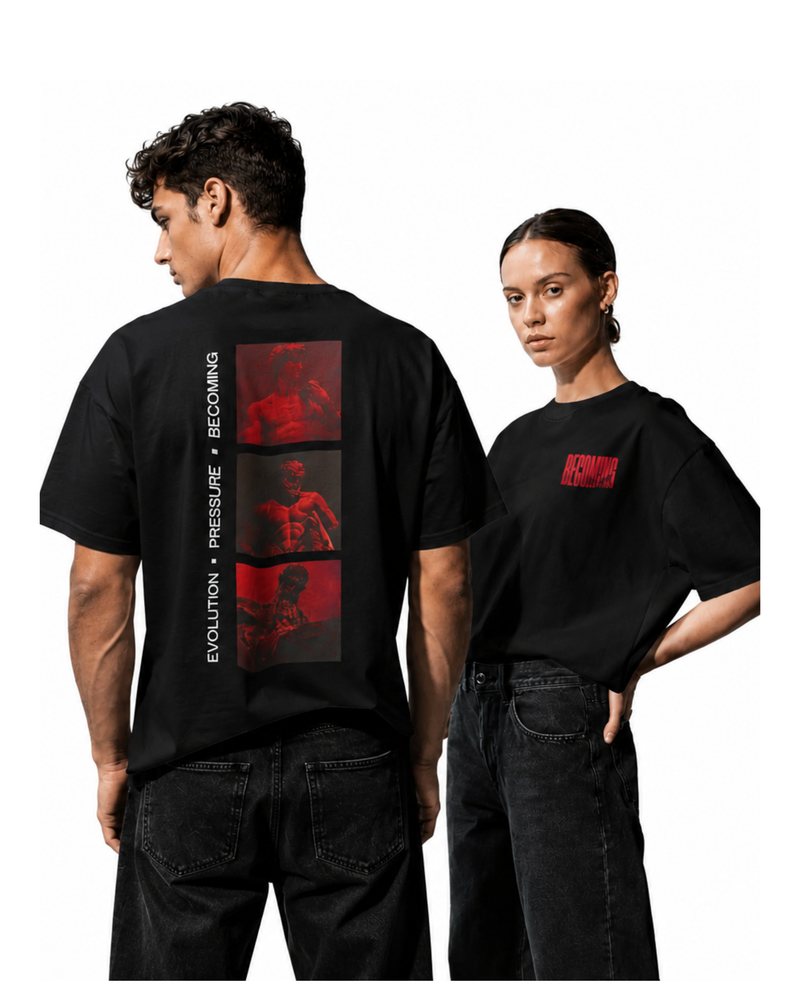 ONVR modern unisex fashion featuring oversized black graphic t-shirts styled with minimalist aesthetics and urban streetwear appeal.