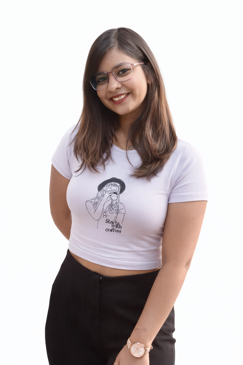 Woman wearing a white t-shirt with a graphic design on a white background