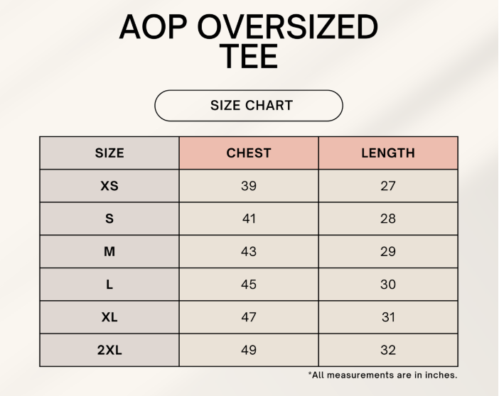 Size chart for MENTAL CHAOS Oversized AOP Tee
