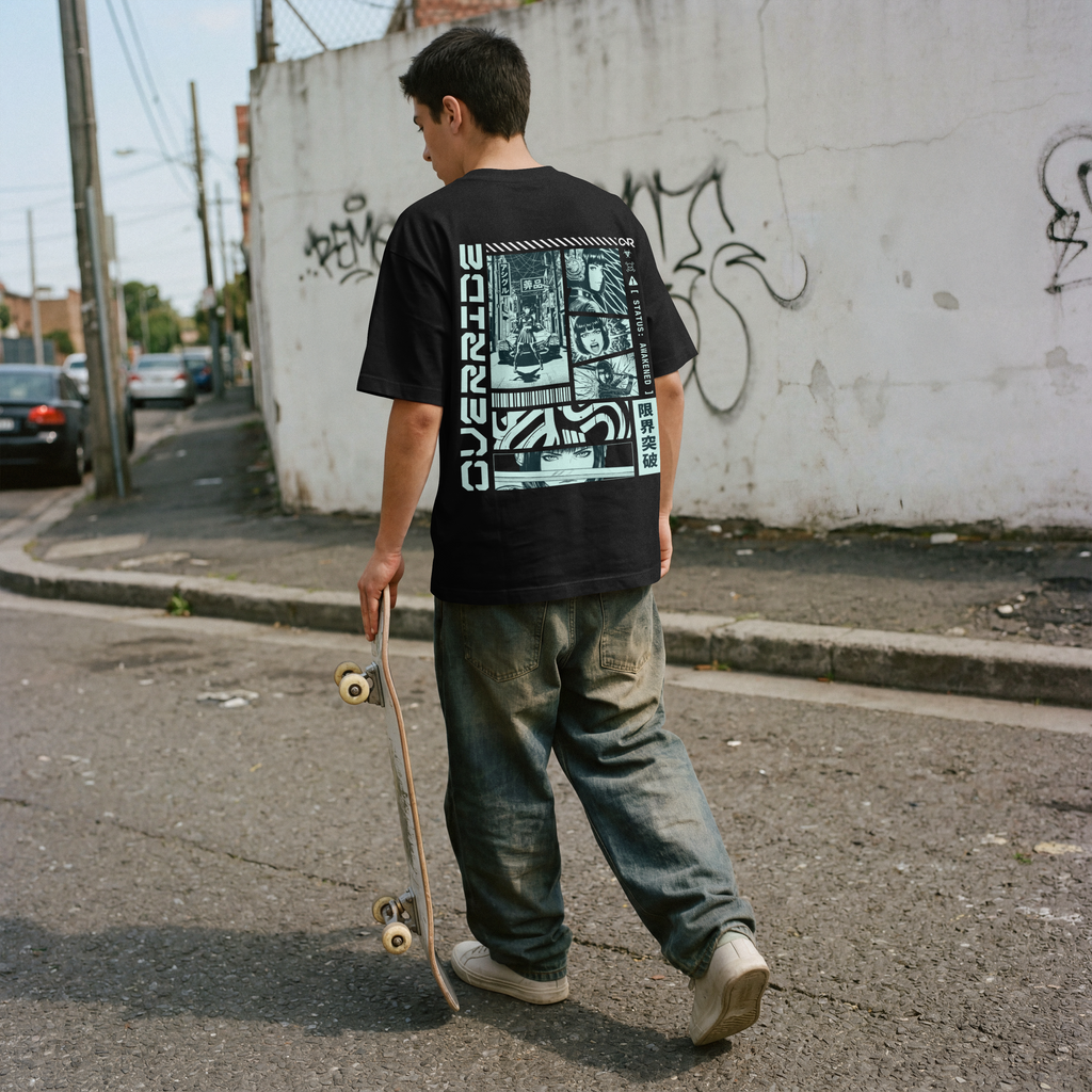 Person wearing a black t-shirt with graphic design, holding a skateboard on an urban street.
