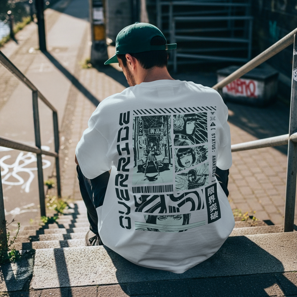 Person wearing a white t-shirt with black graphics and text, sitting on stairs outdoors.