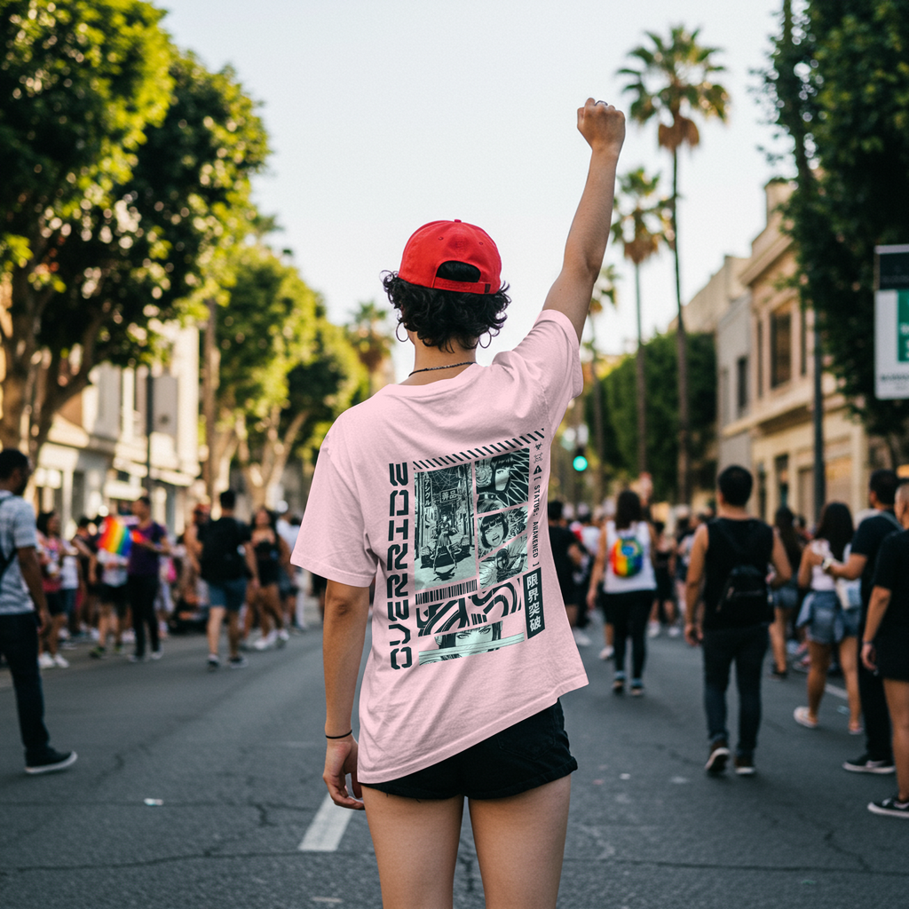 Person with raised fist on a street with palm trees and buildings in the background