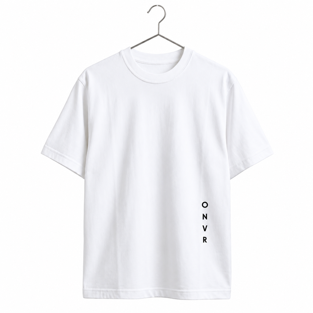 White t-shirt with 'ONVR' text on a hanger against a white background