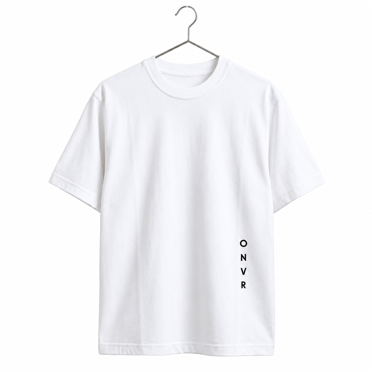 White t-shirt with 'ONVR' text on a hanger against a white background