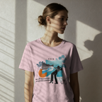 Woman wearing a pink t-shirt with a graphic design against a light background