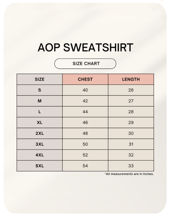 Size chart for AOP sweatshirt