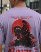 A person shown from behind wearing a light lavender-purple ONVR Oversized t-shirt with a large red and black samurai graphic print on the back, featuring the text 'NOT EVERYONE SURVIVES THE STORM. SOME ARE BORN FROM IT.