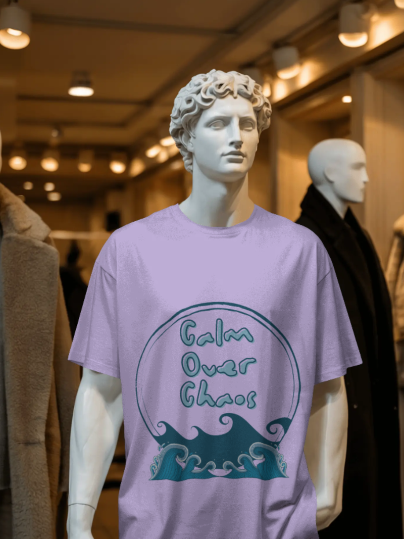 Mannequin wearing a Lavender t-shirt with 'Calm Over Chaos' design 